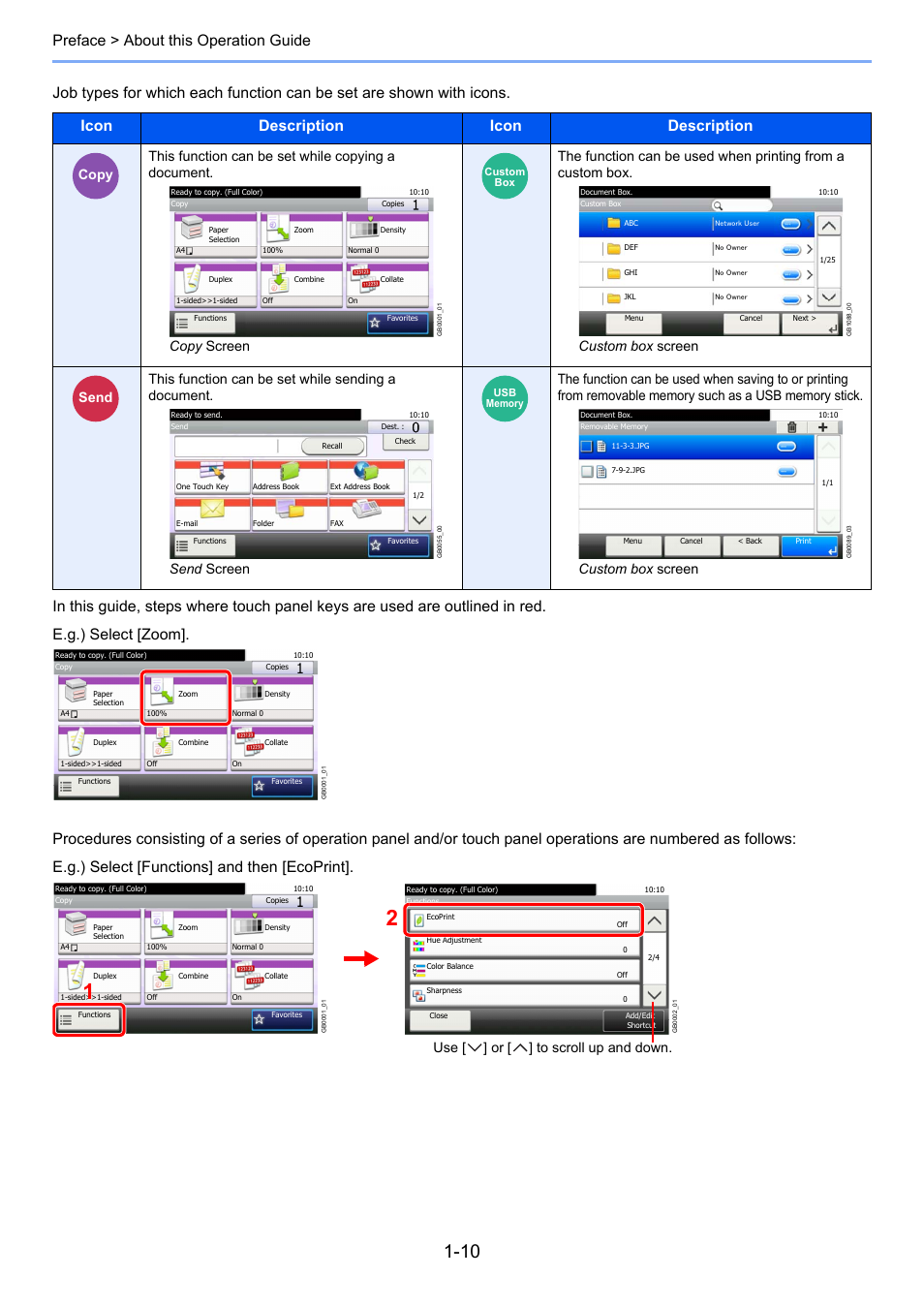 Copy screen, Custom box screen, Send send screen | Use [ ] or [ ] to scroll up and down | TA Triumph-Adler 261ci User Manual | Page 34 / 396