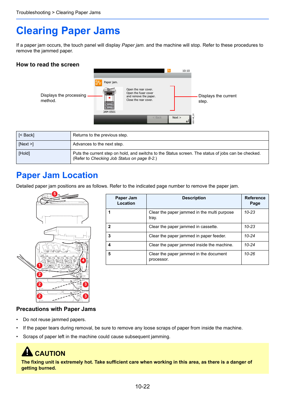 Clearing paper jams, Paper jam location, Clearing paper jams -22 | Paper jam location -22, Caution, How to read the screen, Precautions with paper jams | TA Triumph-Adler 261ci User Manual | Page 358 / 396