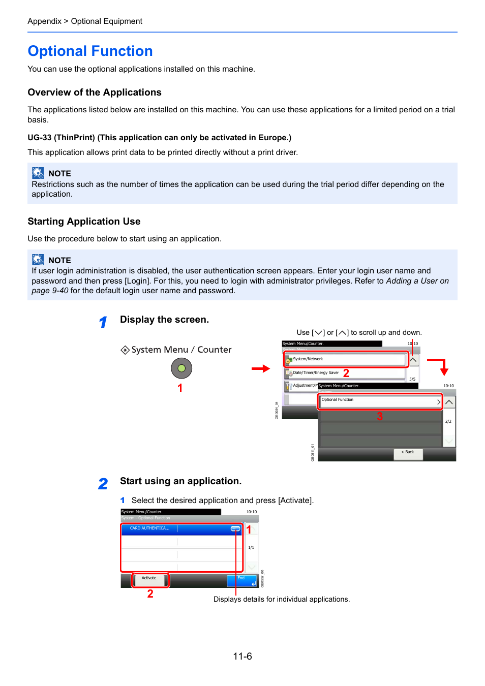 Optional function, Optional function -6, Ge 11-6 ) | Overview of the applications, Starting application use, Display the screen, Start using an application | TA Triumph-Adler 261ci User Manual | Page 368 / 396