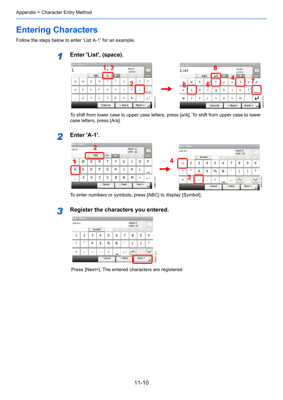 Entering characters, Entering characters -10, Enter 'list', (space) | Enter 'a-1, Register the characters you entered, Appendix > character entry method | TA Triumph-Adler 261ci User Manual | Page 372 / 396