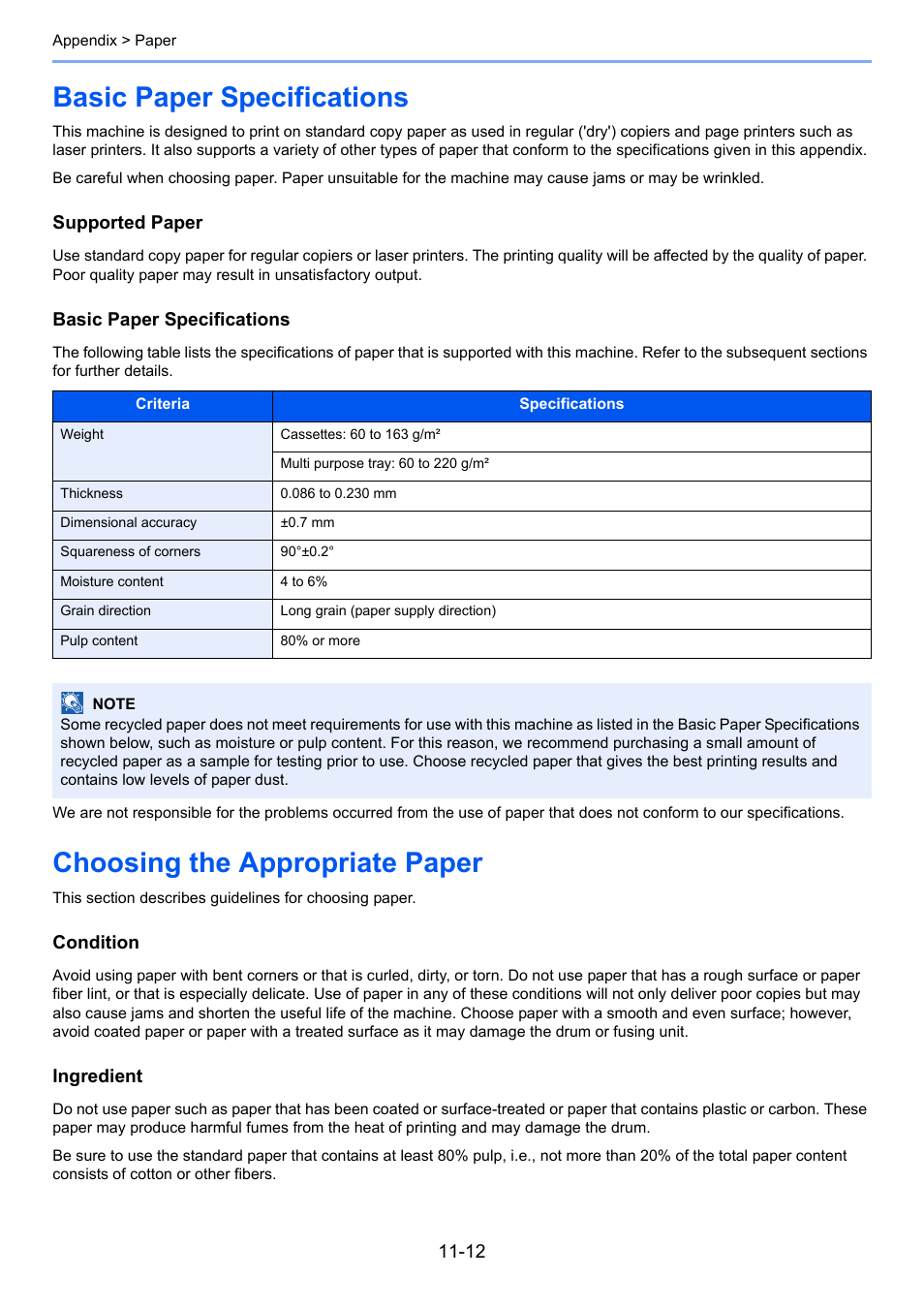 Basic paper specifications, Choosing the appropriate paper | TA Triumph-Adler 261ci User Manual | Page 374 / 396