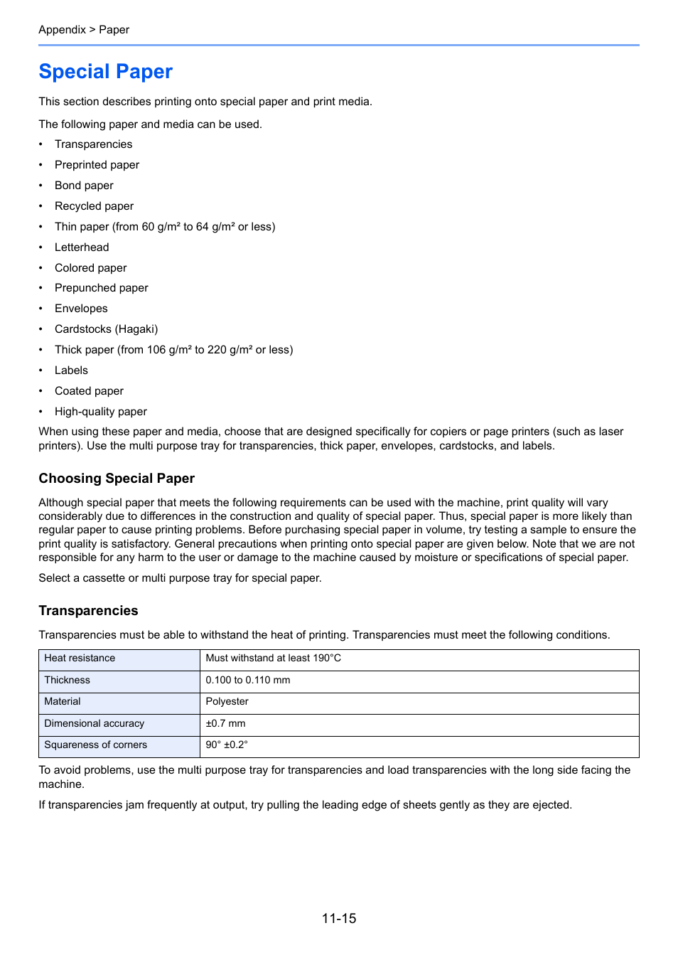 Special paper, Special paper -15, Choosing special paper | Transparencies | TA Triumph-Adler 261ci User Manual | Page 377 / 396