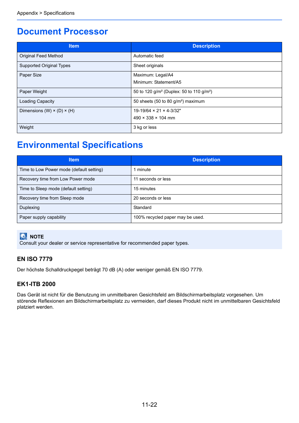 Document processor, Environmental specifications, Document processor environmental specifications | En iso 7779 | TA Triumph-Adler 261ci User Manual | Page 384 / 396