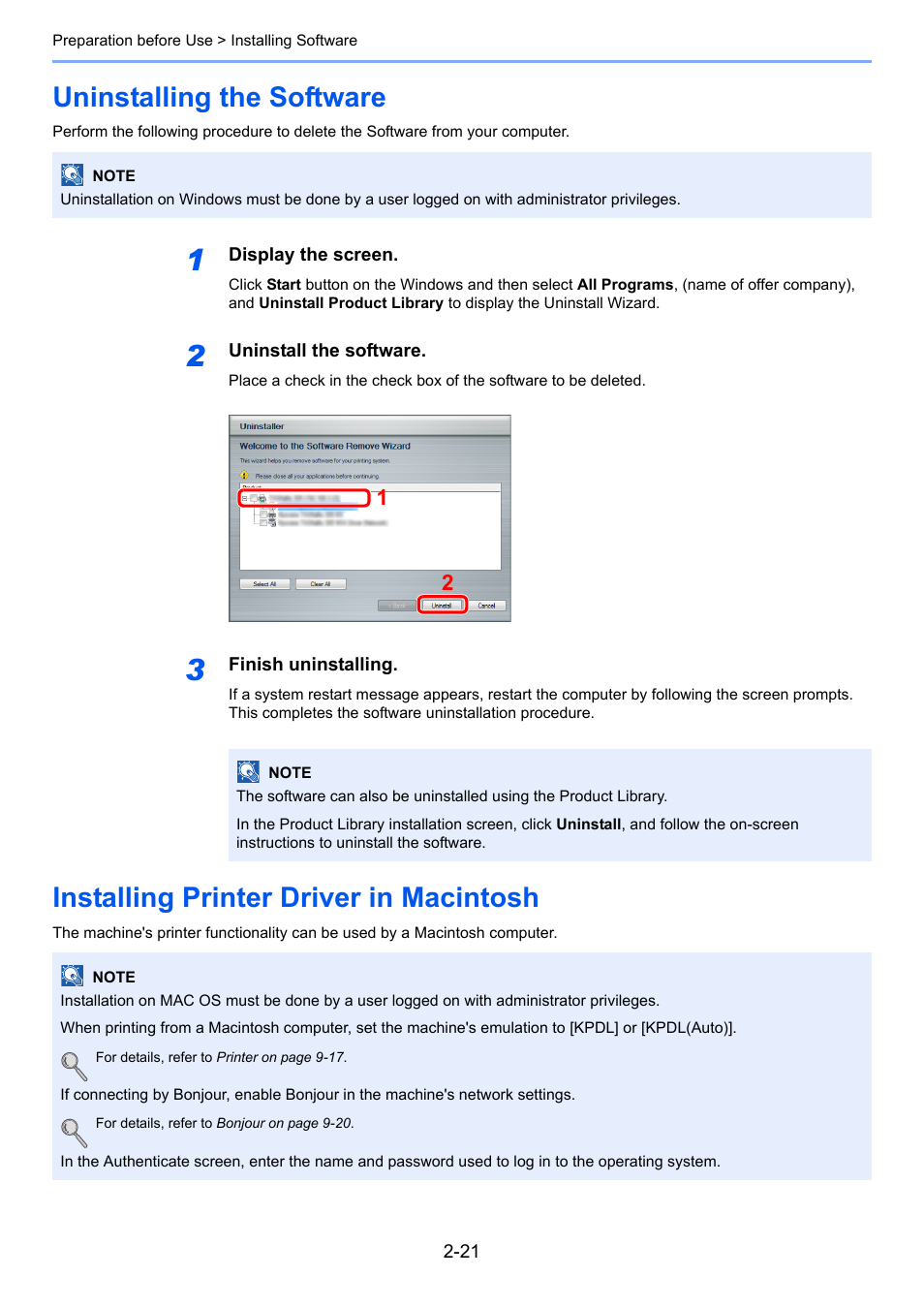 Uninstalling the software, Installing printer driver in macintosh | TA Triumph-Adler 261ci User Manual | Page 57 / 396
