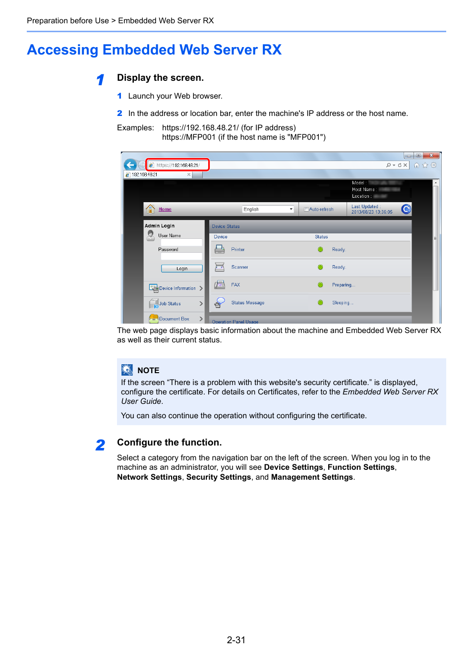 Accessing embedded web server rx, Accessing embedded web server rx -31 | TA Triumph-Adler 261ci User Manual | Page 67 / 396