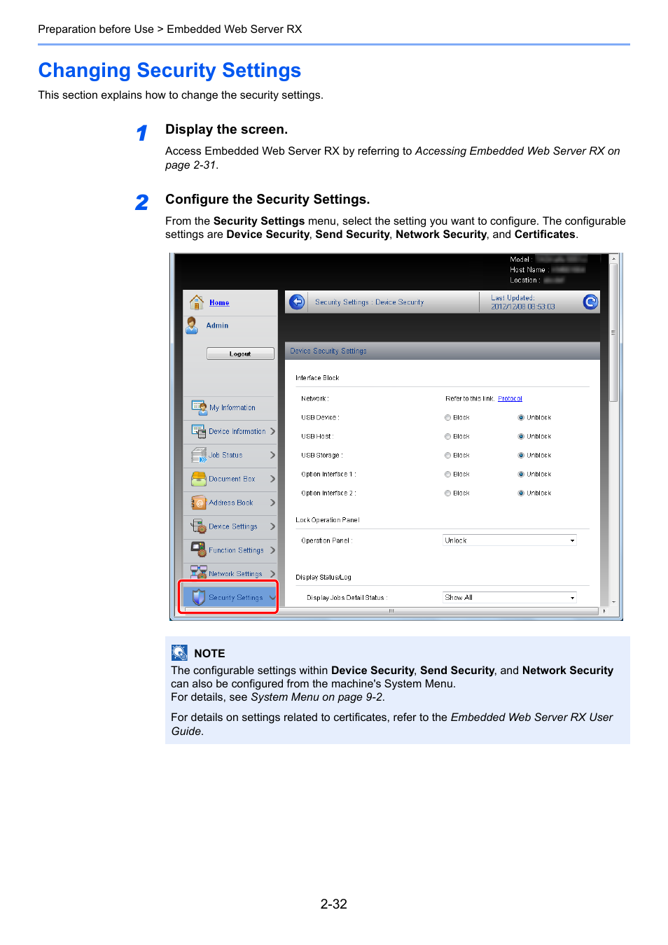 Changing security settings, Changing security settings -32 | TA Triumph-Adler 261ci User Manual | Page 68 / 396