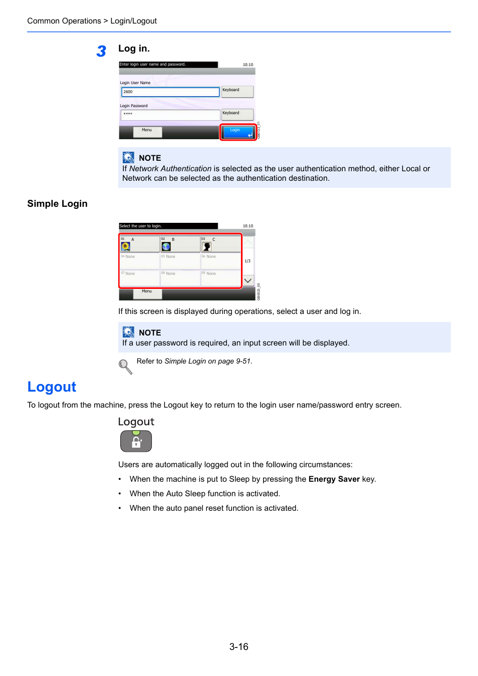 Logout, Logout -16, Log in. simple login | Common operations > login/logout, Refe r to simple login on page 9-51 | TA Triumph-Adler 261ci User Manual | Page 92 / 396