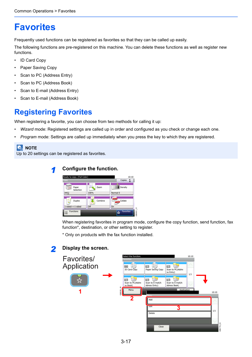 Favorites, Registering favorites, Favorites -17 | Registering favorites -17, Configure the function, Display the screen, Common operations > favorites | TA Triumph-Adler 261ci User Manual | Page 93 / 396
