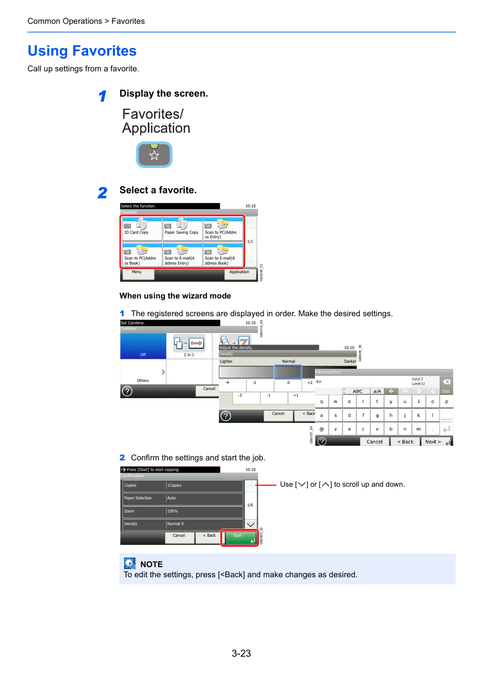Using favorites, Using favorites -23, Display the screen | Select a favorite, Common operations > favorites, Call up settings from a favorite, Use [ ] or [ ] to scroll up and down | TA Triumph-Adler 261ci User Manual | Page 99 / 396