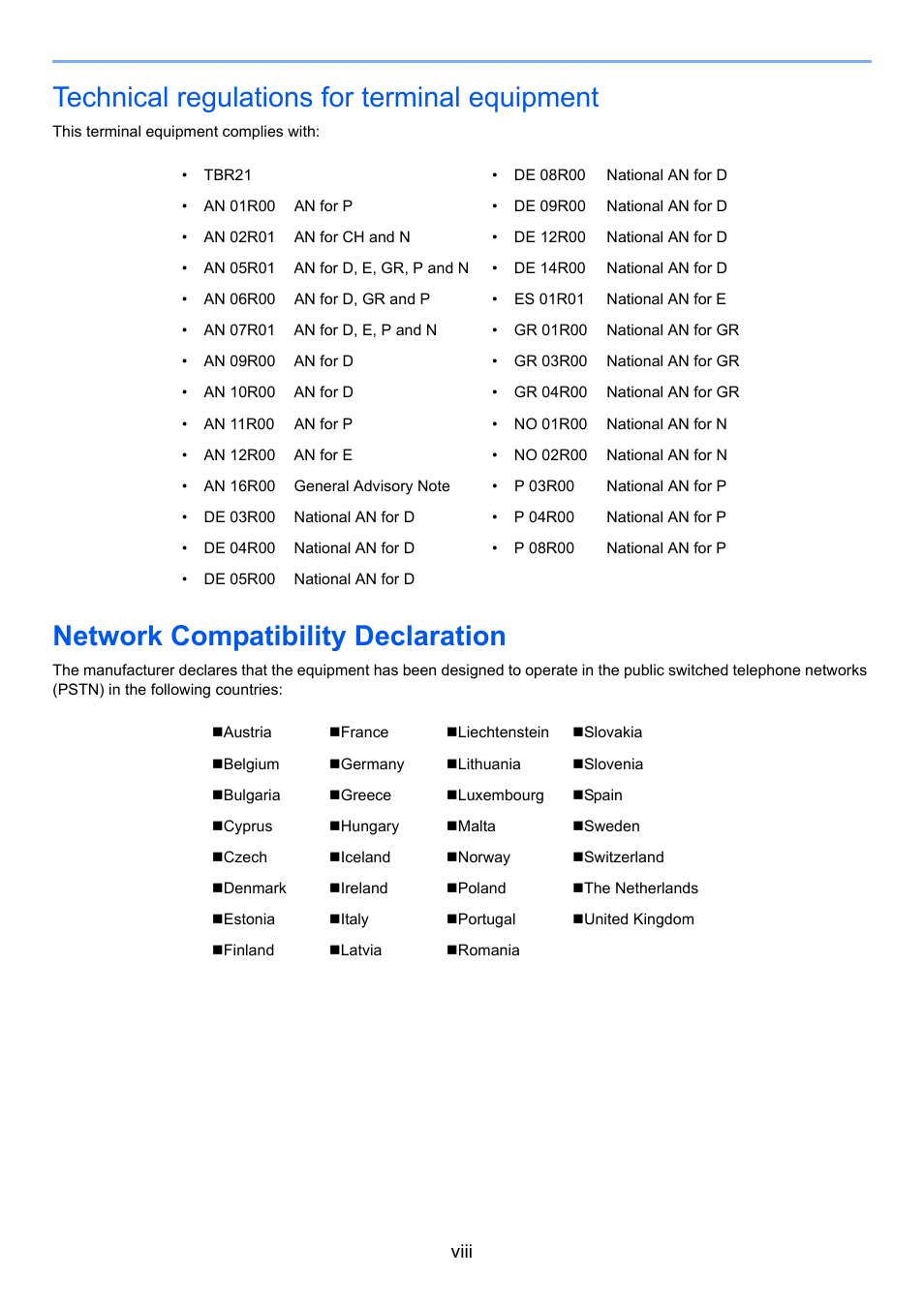 Technical regulations for terminal equipment, Network compatibility declaration, Viii | TA Triumph-Adler 261ci User Manual | Page 10 / 212