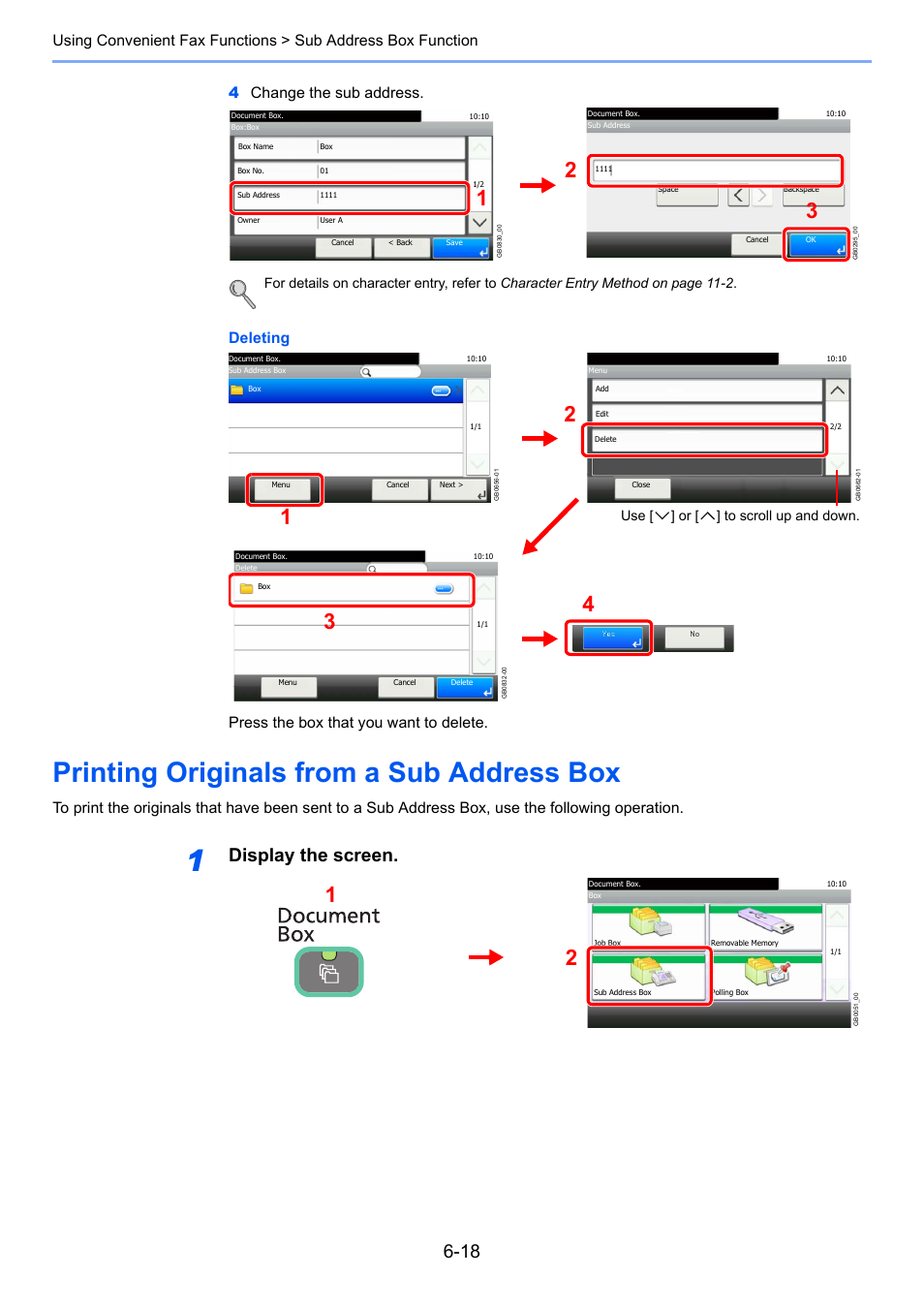 Printing originals from a sub address box, Printing originals from a sub address box -18, Display the screen | Deleting press the box that you want to delete, Use [ ] or [ ] to scroll up and down | TA Triumph-Adler 261ci User Manual | Page 103 / 212