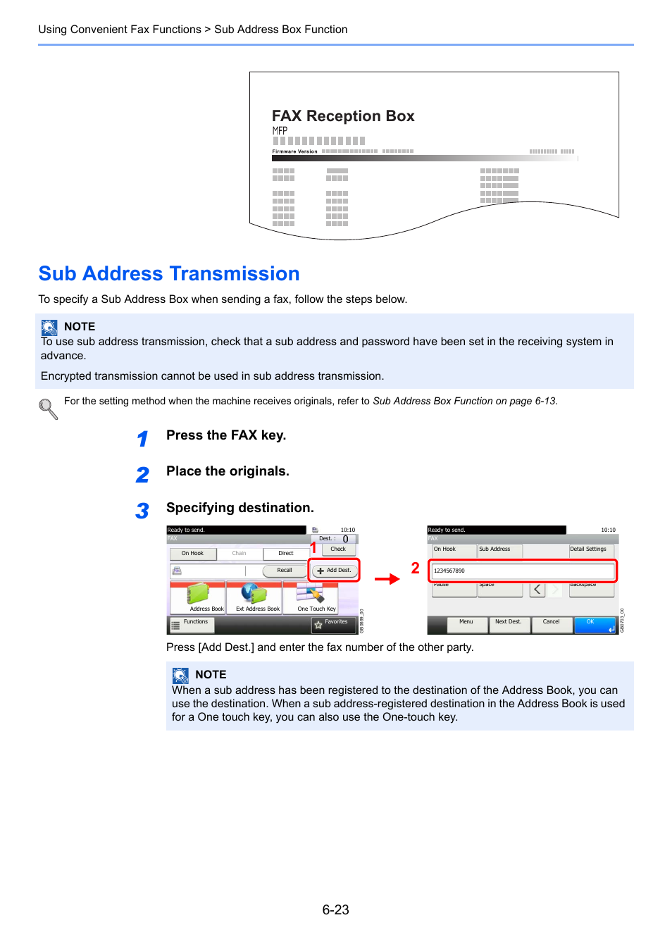 Sub address transmission, Sub address transmission -23, Fax reception box | Press the fax key, Place the originals, Specifying destination | TA Triumph-Adler 261ci User Manual | Page 108 / 212
