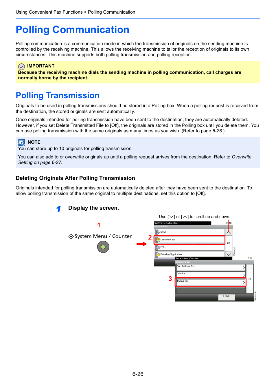 Polling communication, Polling transmission, Polling communication -26 | Polling transmission -26, Deleting originals after polling transmission, Display the screen | TA Triumph-Adler 261ci User Manual | Page 111 / 212