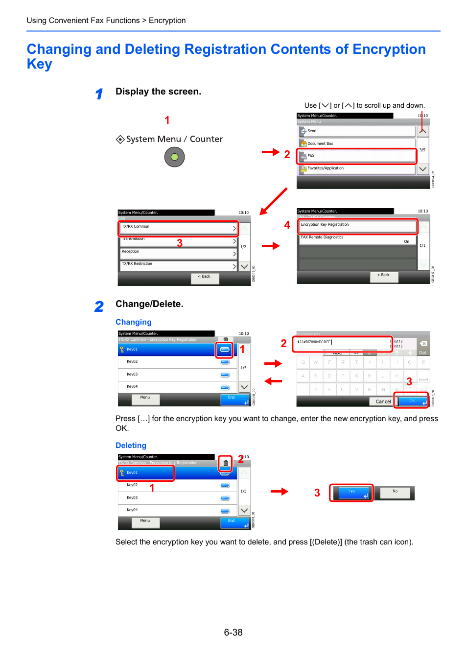 Display the screen, Change/delete, Using convenient fax functions > encryption | TA Triumph-Adler 261ci User Manual | Page 123 / 212
