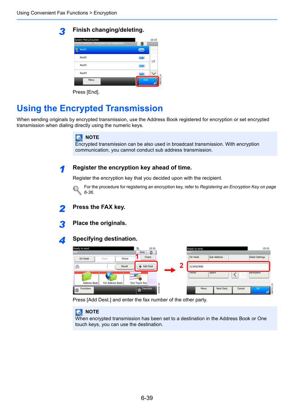 Using the encrypted transmission, Using the encrypted transmission -39, Finish changing/deleting | Register the encryption key ahead of time, Press the fax key, Place the originals, Specifying destination | TA Triumph-Adler 261ci User Manual | Page 124 / 212