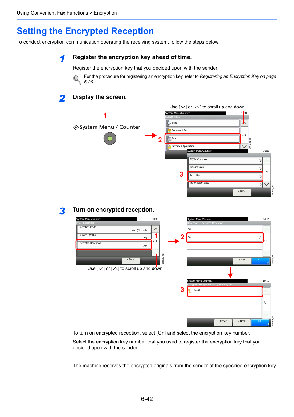 Setting the encrypted reception, Setting the encrypted reception -42, Register the encryption key ahead of time | Display the screen, Turn on encrypted reception, Using convenient fax functions > encryption | TA Triumph-Adler 261ci User Manual | Page 127 / 212