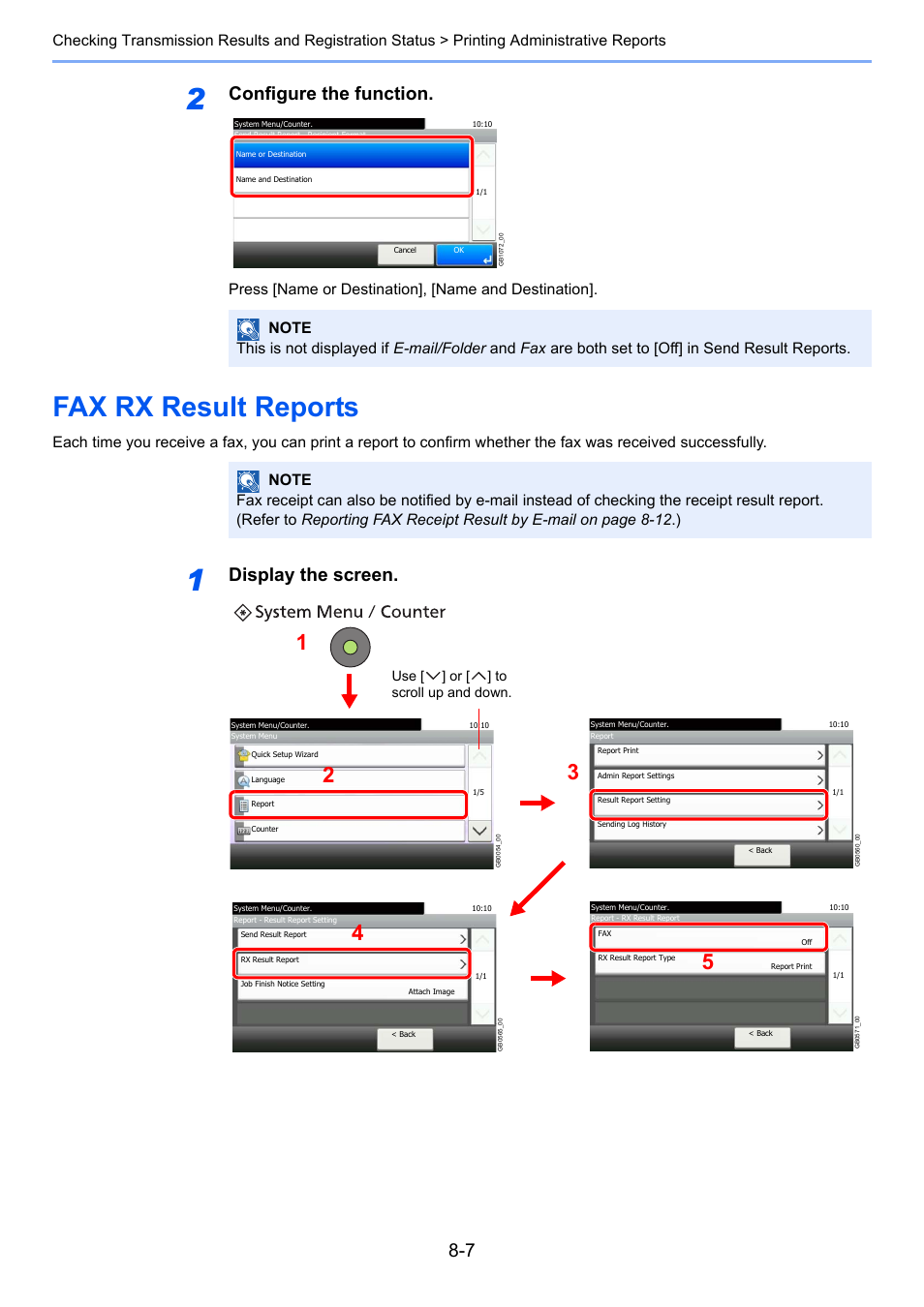 Fax rx result reports, Fax rx result reports -7, Configure the function | Display the screen, Press [name or destination], [name and destination, Use [ ] or [ ] to scroll up and down | TA Triumph-Adler 261ci User Manual | Page 152 / 212