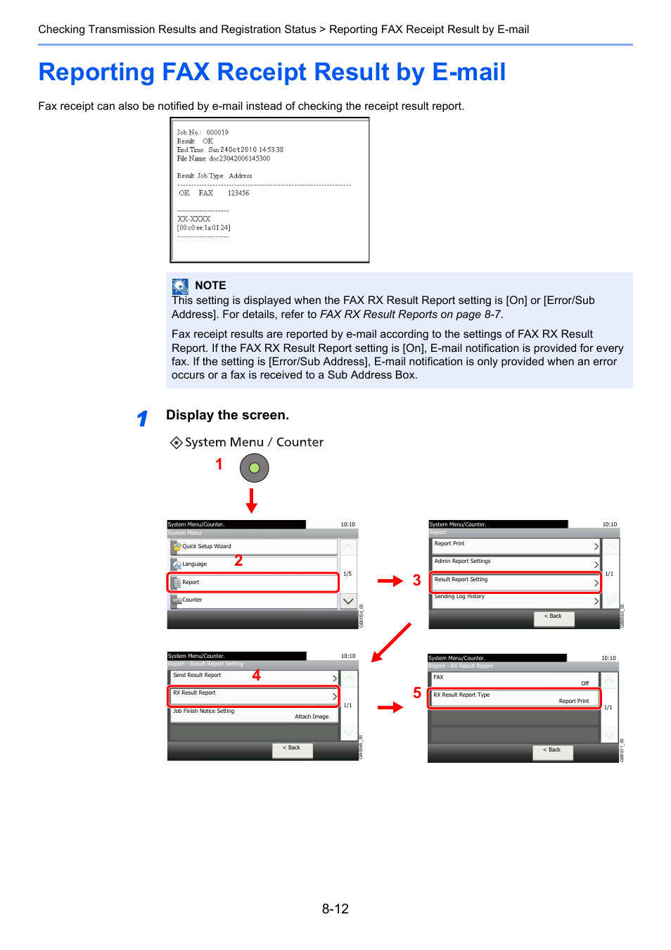 Reporting fax receipt result by e-mail, Reporting fax receipt result by e-mail -12, Display the screen | TA Triumph-Adler 261ci User Manual | Page 157 / 212