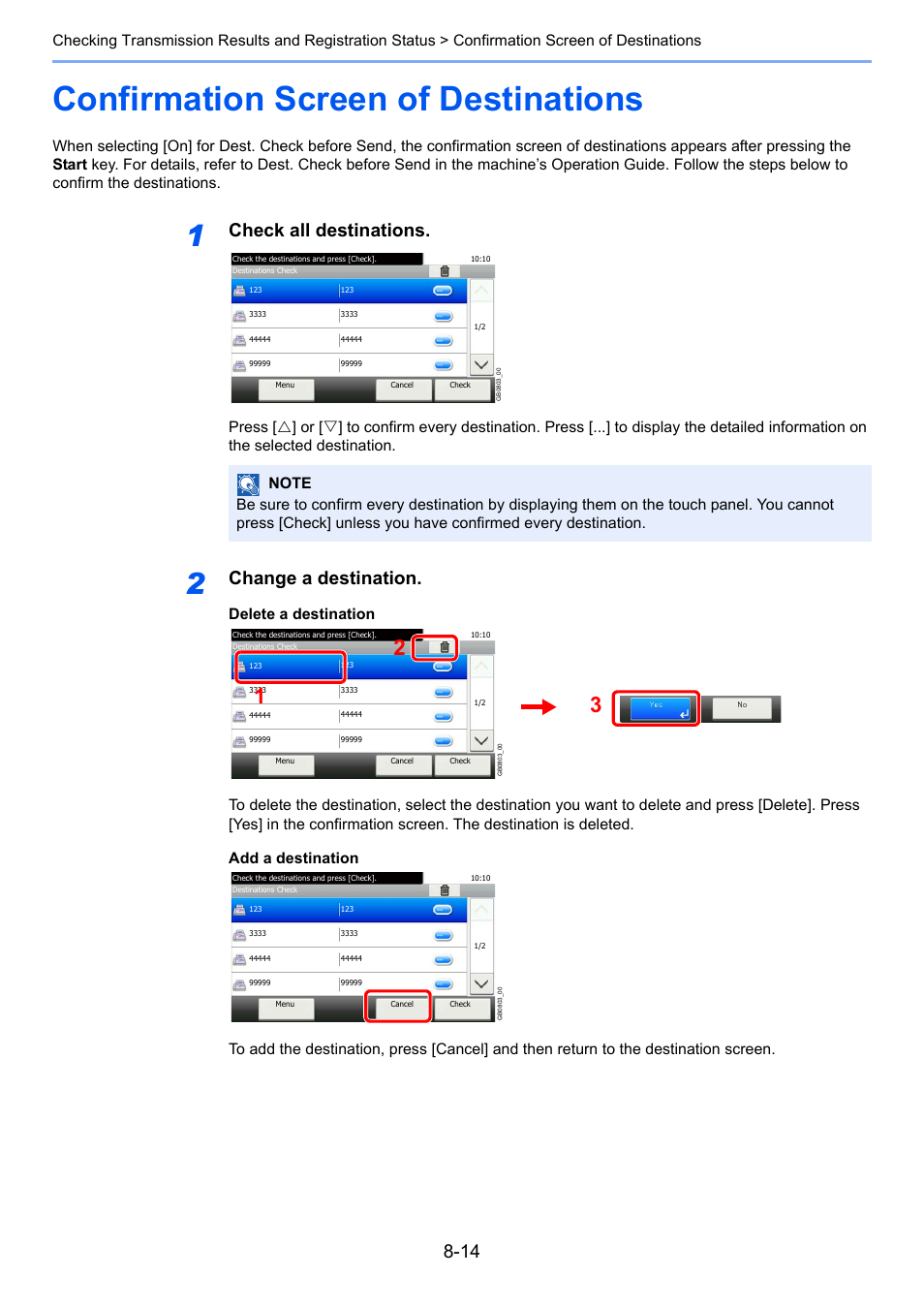 Confirmation screen of destinations, Confirmation screen of destinations -14, Check all destinations | Change a destination | TA Triumph-Adler 261ci User Manual | Page 159 / 212