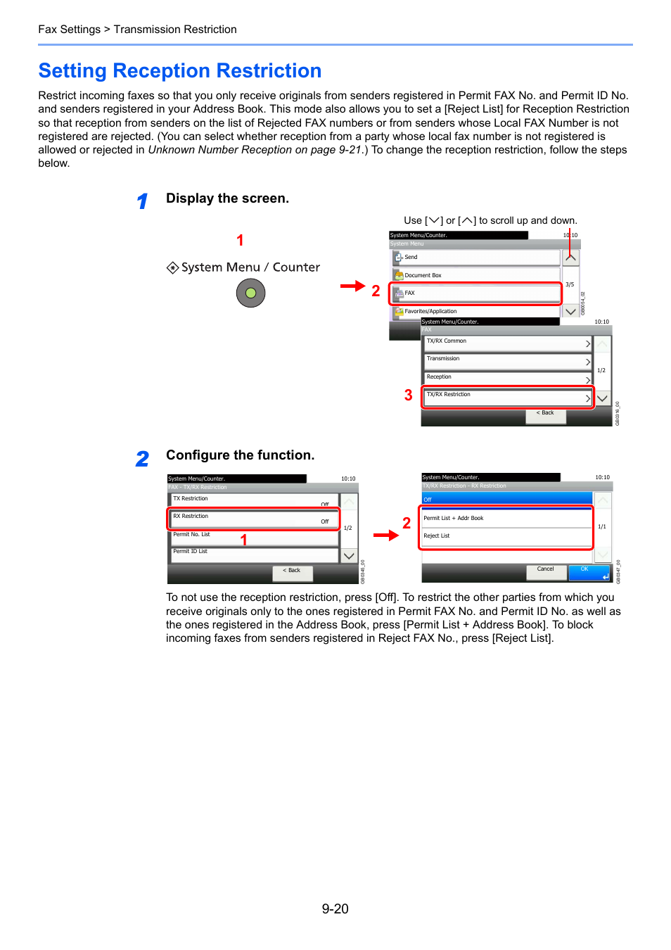 Setting reception restriction, Setting reception restriction -20, Display the screen | Configure the function, Fax settings > transmission restriction | TA Triumph-Adler 261ci User Manual | Page 180 / 212
