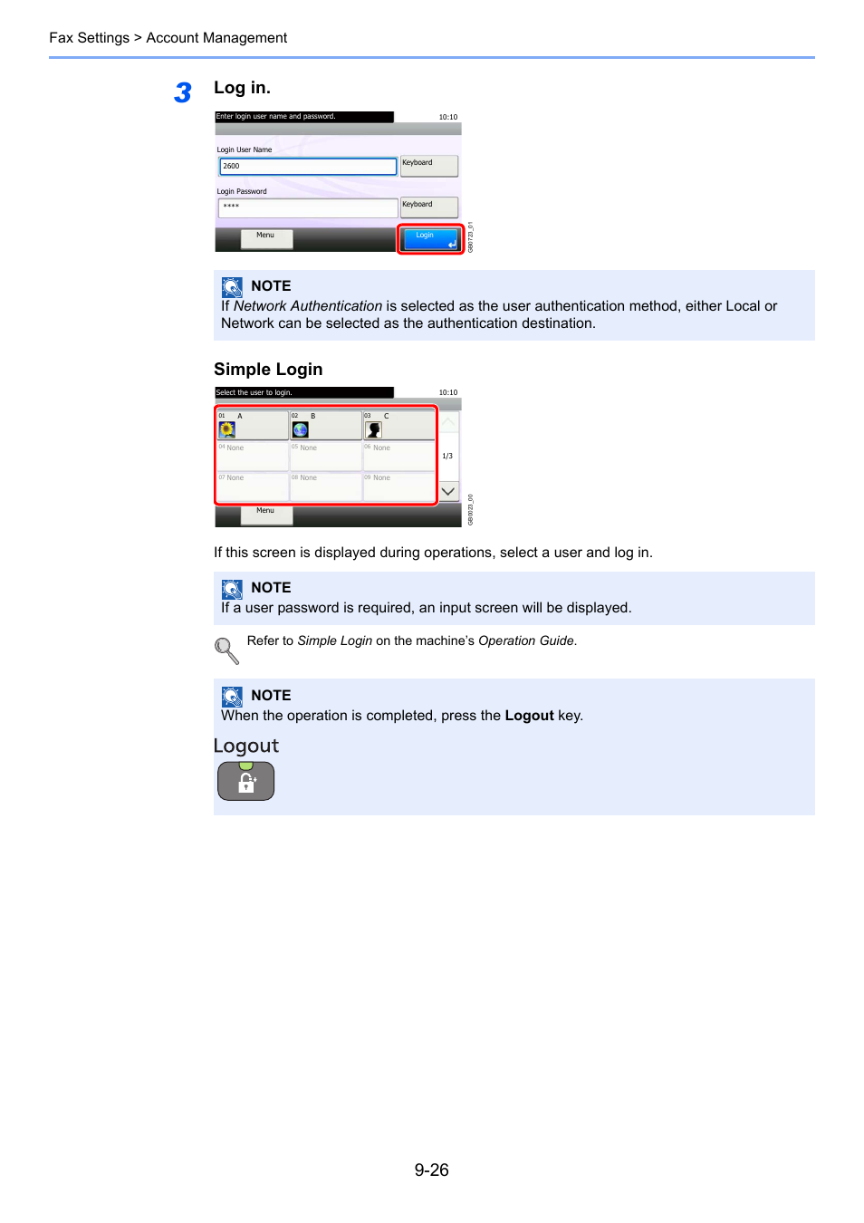 Log in. simple login, Fax settings > account management | TA Triumph-Adler 261ci User Manual | Page 186 / 212