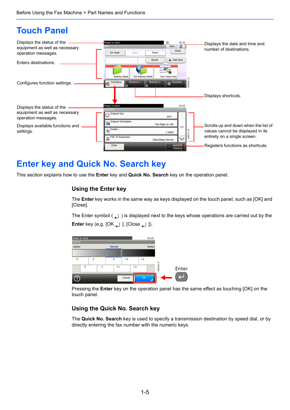 Touch panel, Enter key and quick no. search key, Touch panel enter key and quick no. search key | Using the enter key, Using the quick no. search key | TA Triumph-Adler 261ci User Manual | Page 19 / 212