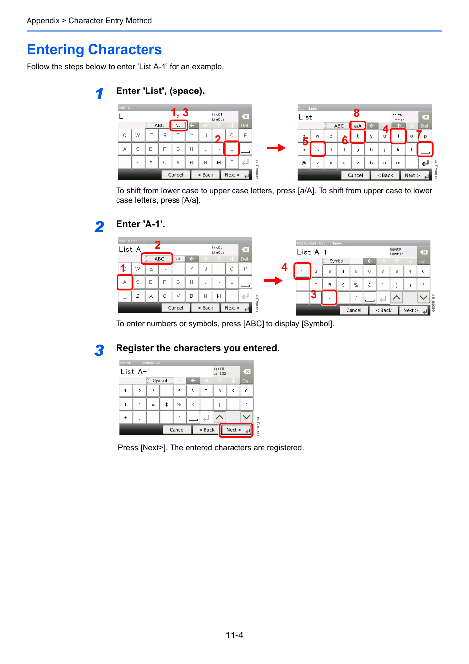 Entering characters, Entering characters -4, Enter 'list', (space) | Enter 'a-1, Register the characters you entered | TA Triumph-Adler 261ci User Manual | Page 199 / 212