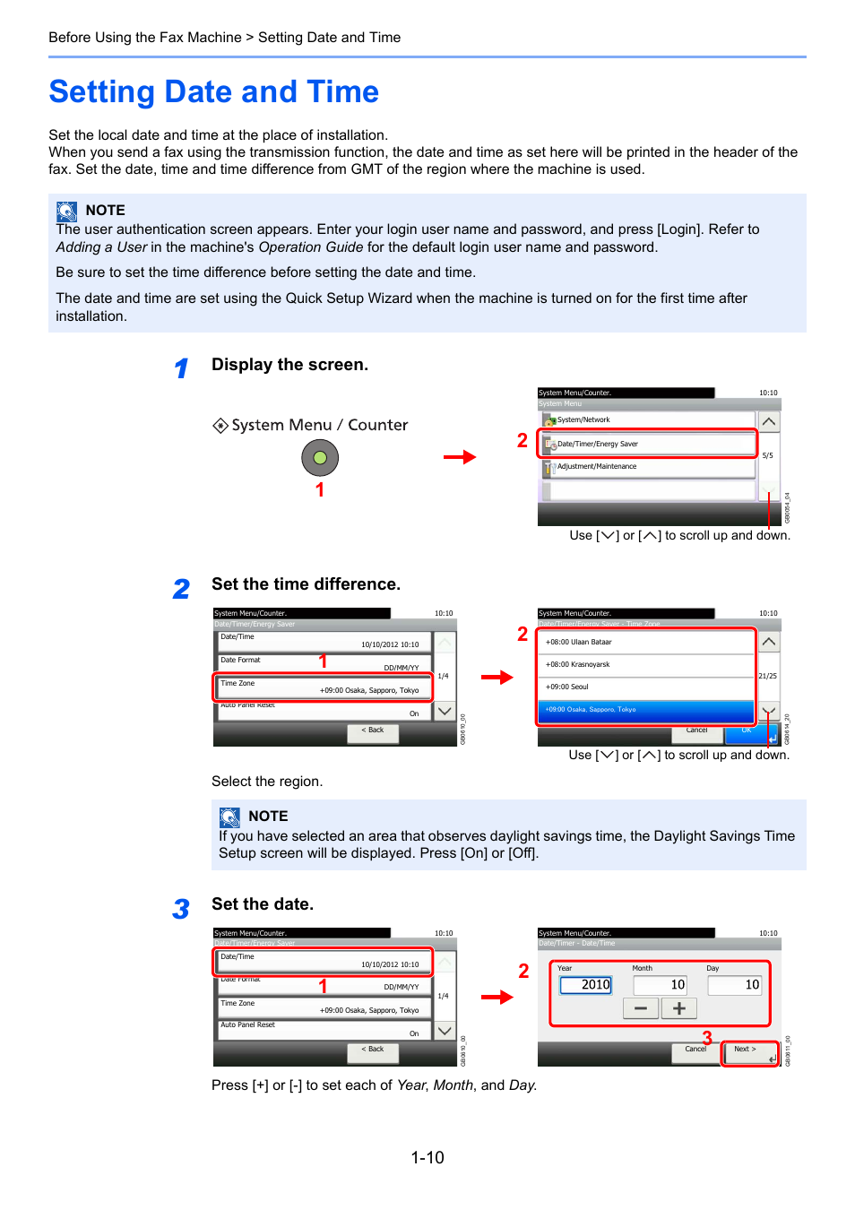 Setting date and time, Setting date and time -10, Display the screen | Set the time difference, Set the date, Select the region | TA Triumph-Adler 261ci User Manual | Page 24 / 212