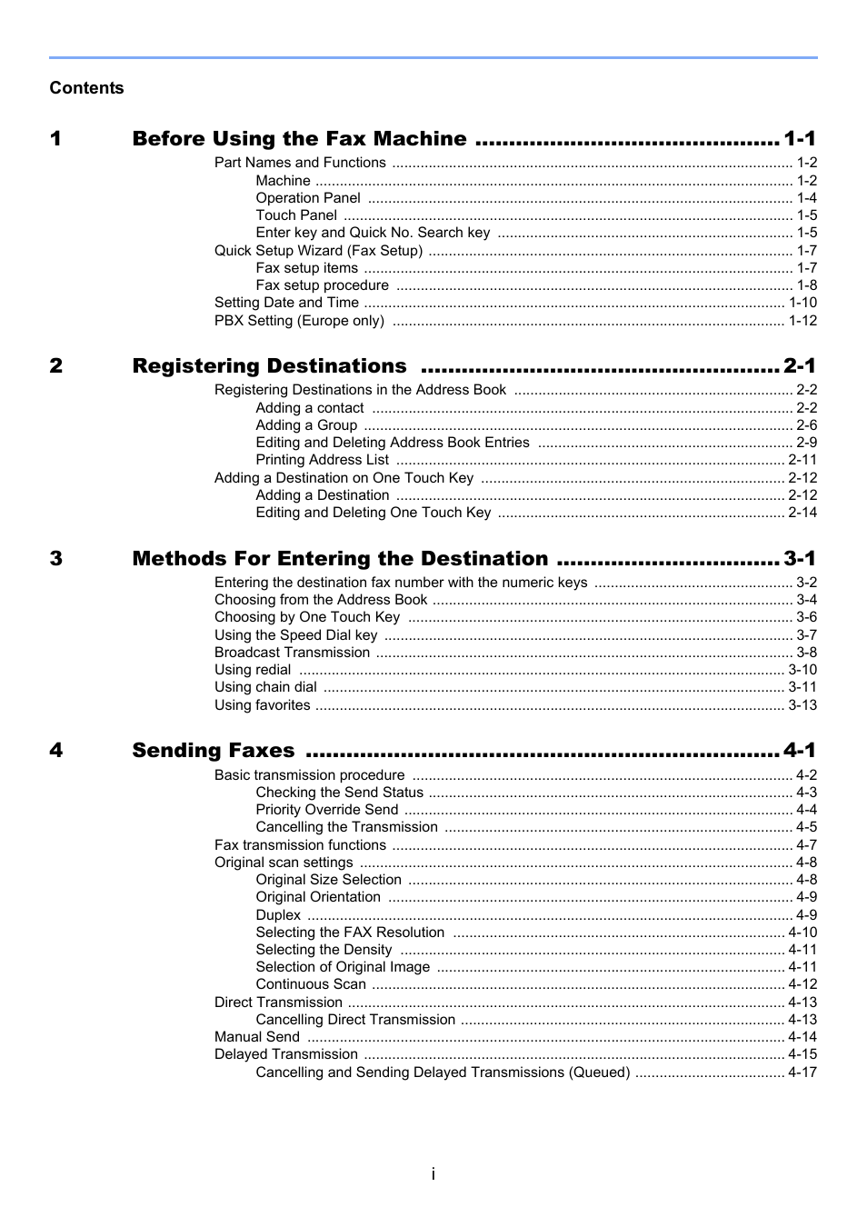 1before using the fax machine -1, 2registering destinations -1, 3methods for entering the destination -1 | 4sending faxes -1 | TA Triumph-Adler 261ci User Manual | Page 3 / 212