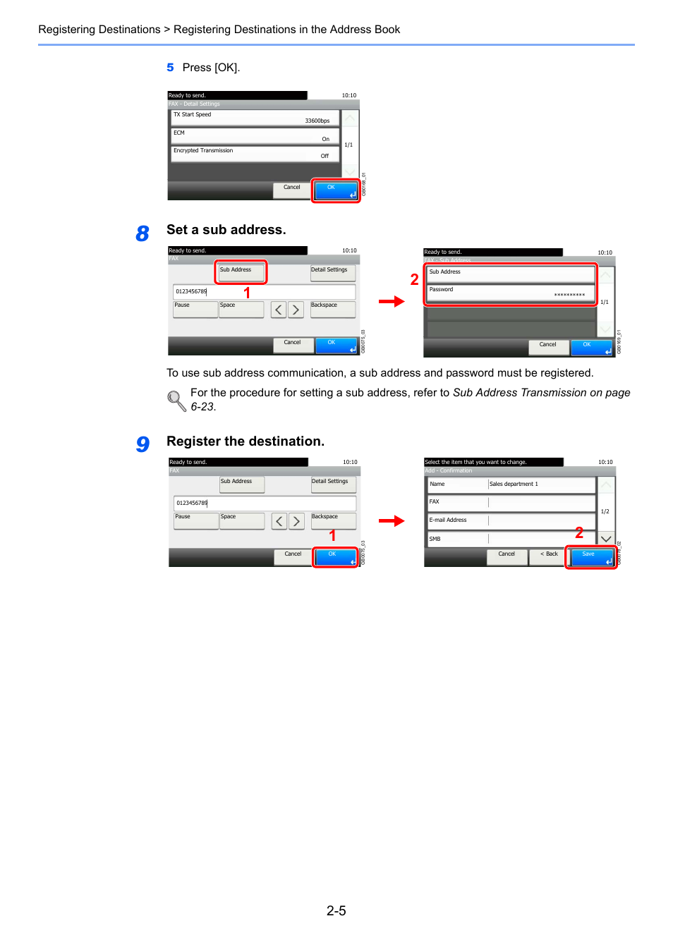 Set a sub address, Register the destination | TA Triumph-Adler 261ci User Manual | Page 31 / 212