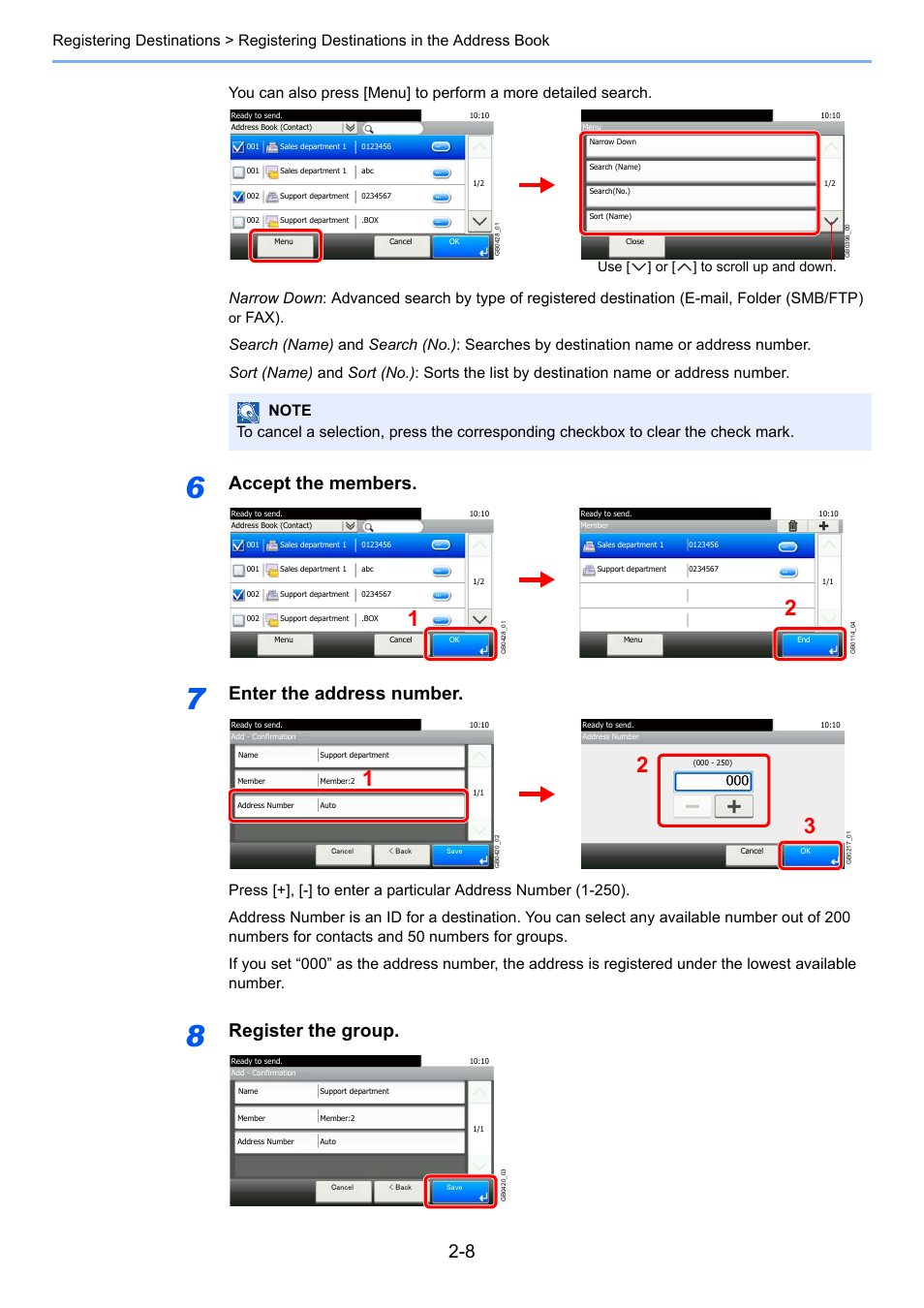 Accept the members, Enter the address number, Register the group | Use [ ] or [ ] to scroll up and down | TA Triumph-Adler 261ci User Manual | Page 34 / 212