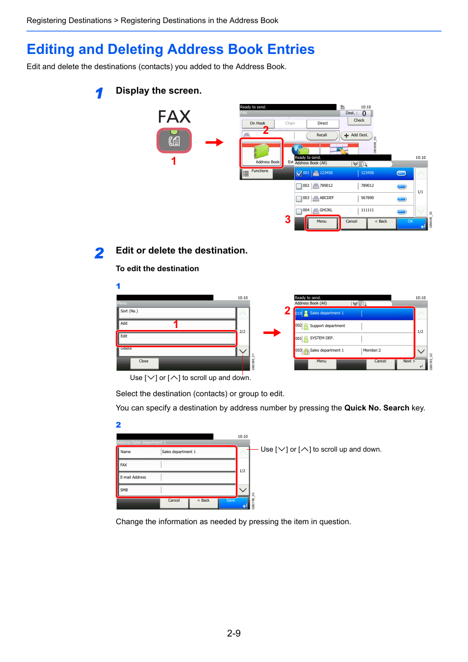 Editing and deleting address book entries, Editing and deleting address book entries -9, Display the screen | Edit or delete the destination, Use [ ] or [ ] to scroll up and down | TA Triumph-Adler 261ci User Manual | Page 35 / 212