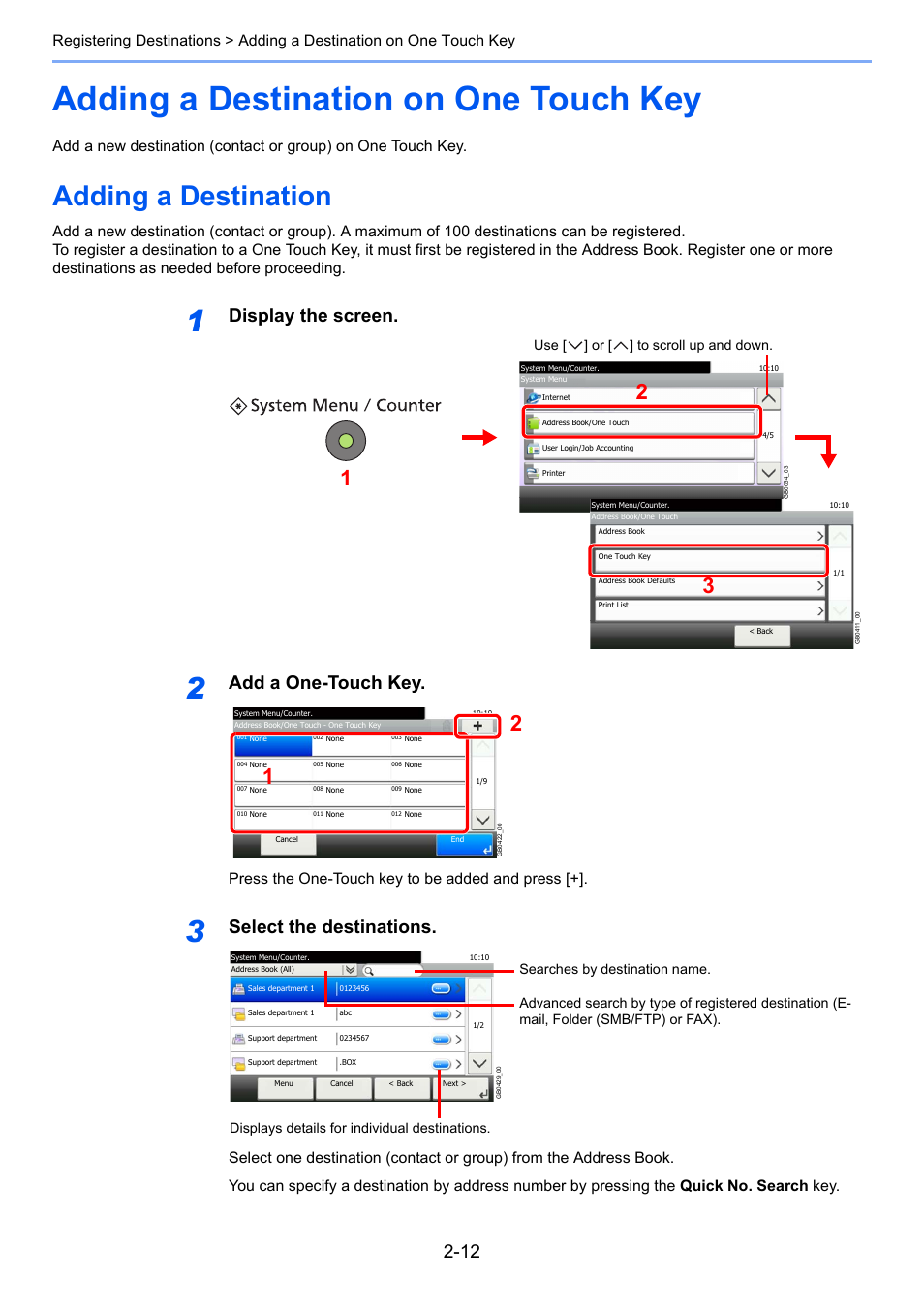 Adding a destination on one touch key, Adding a destination, Adding a destination on one touch key -12 | Adding a destination -12, Display the screen, Add a one-touch key, Select the destinations, Press the one-touch key to be added and press, Use [ ] or [ ] to scroll up and down | TA Triumph-Adler 261ci User Manual | Page 38 / 212