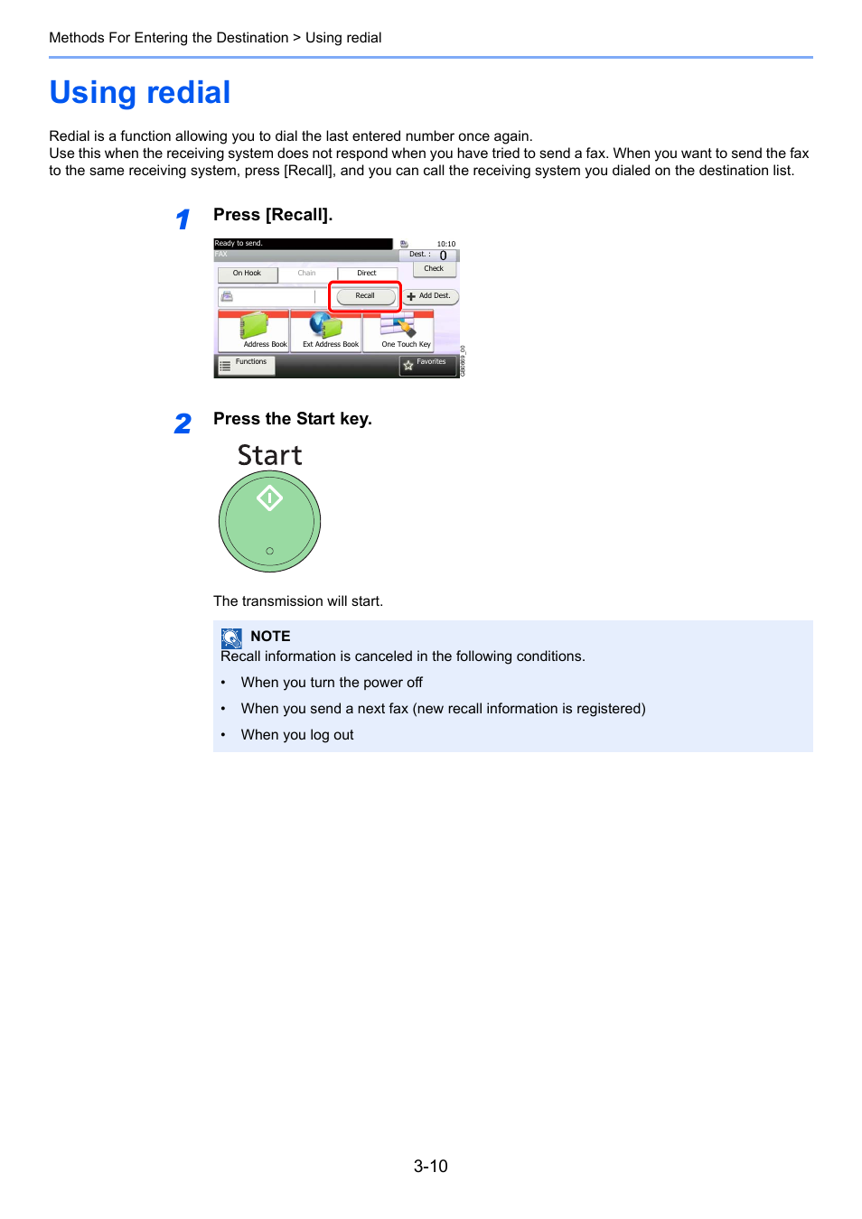 Using redial, Using redial -10, Press [recall | Press the start key | TA Triumph-Adler 261ci User Manual | Page 50 / 212
