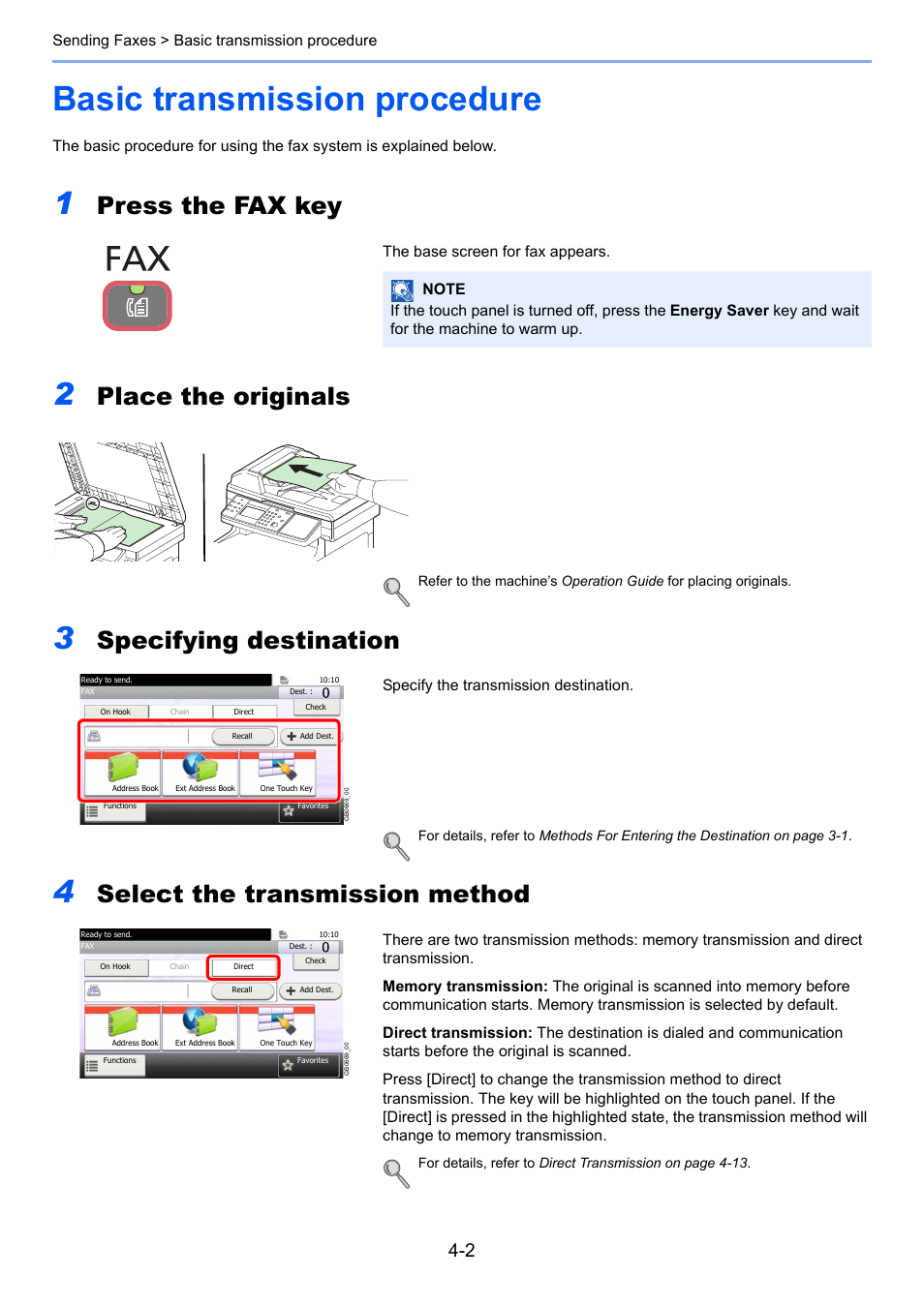 Basic transmission procedure, Basic transmission procedure -2, Press the fax key | Place the originals, Specifying destination, Select the transmission method | TA Triumph-Adler 261ci User Manual | Page 56 / 212