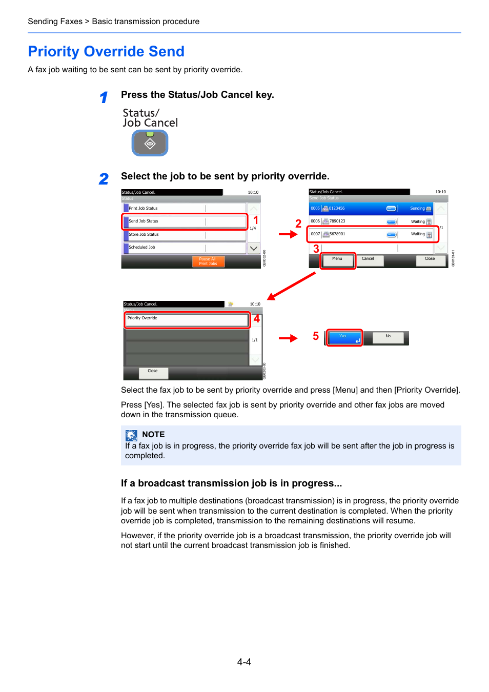 Priority override send, Priority override send -4, Press the status/job cancel key | Select the job to be sent by priority override, If a broadcast transmission job is in progress | TA Triumph-Adler 261ci User Manual | Page 58 / 212
