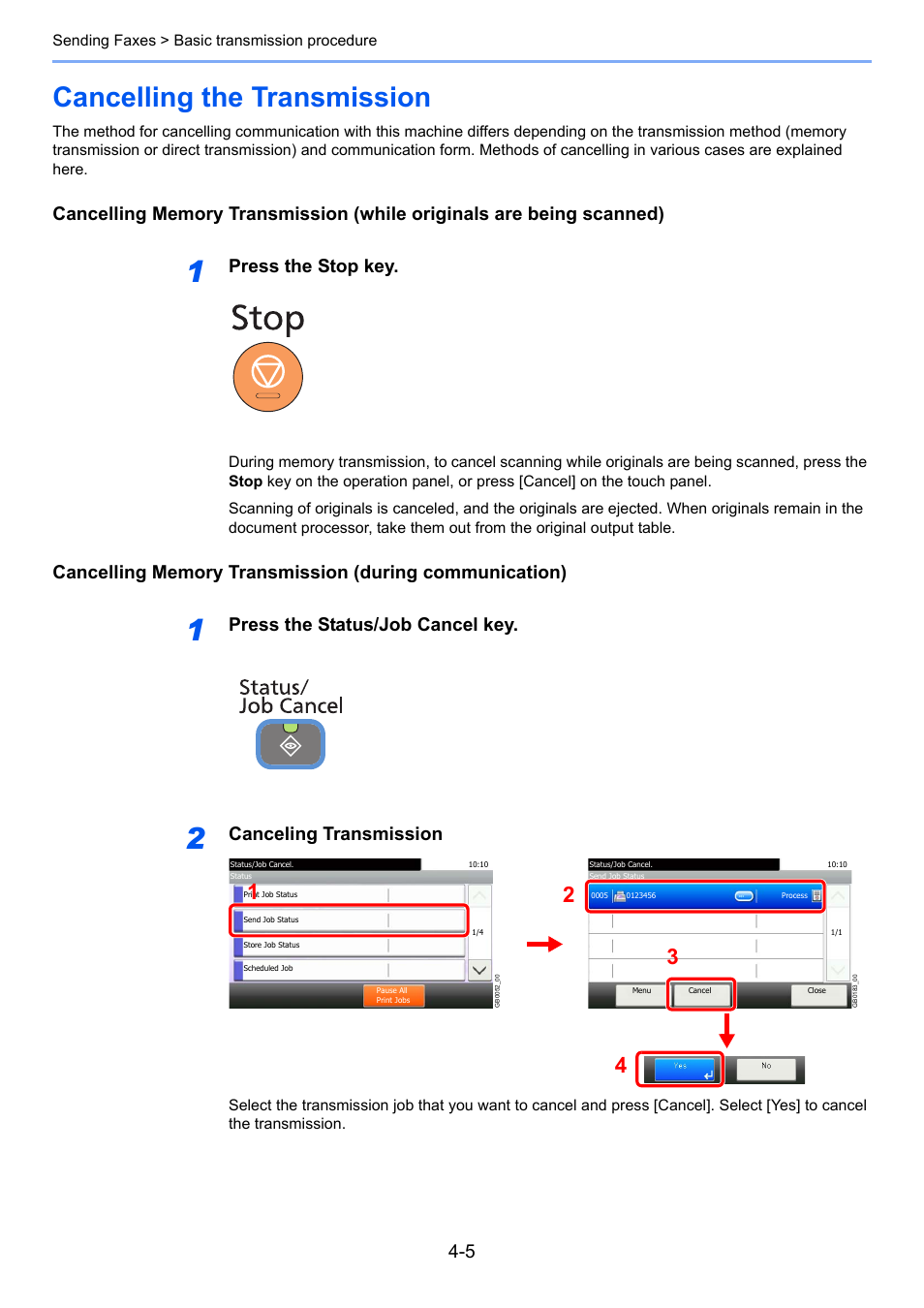 Cancelling the transmission, Cancelling the transmission -5, Press the stop key | Press the status/job cancel key, Canceling transmission | TA Triumph-Adler 261ci User Manual | Page 59 / 212