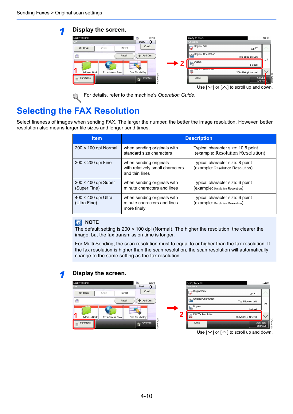 Selecting the fax resolution, Selecting the fax resolution -10, Display the screen | Resolution resolution, Sending faxes > original scan settings, Item description | TA Triumph-Adler 261ci User Manual | Page 64 / 212
