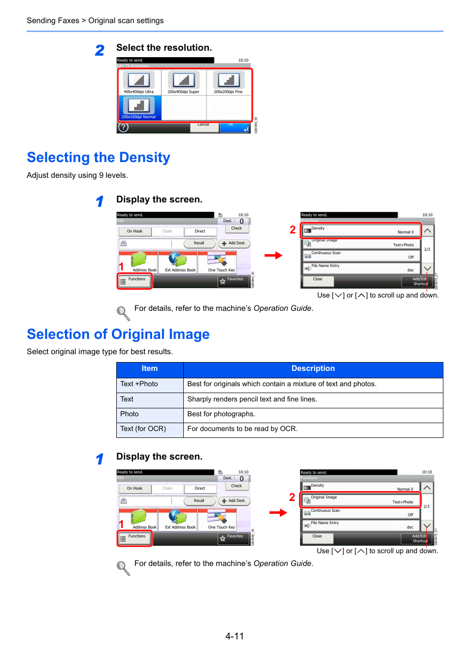 Selecting the density, Selection of original image, Select the resolution | Display the screen, Sending faxes > original scan settings, Adjust density using 9 levels, Select original image type for best results | TA Triumph-Adler 261ci User Manual | Page 65 / 212