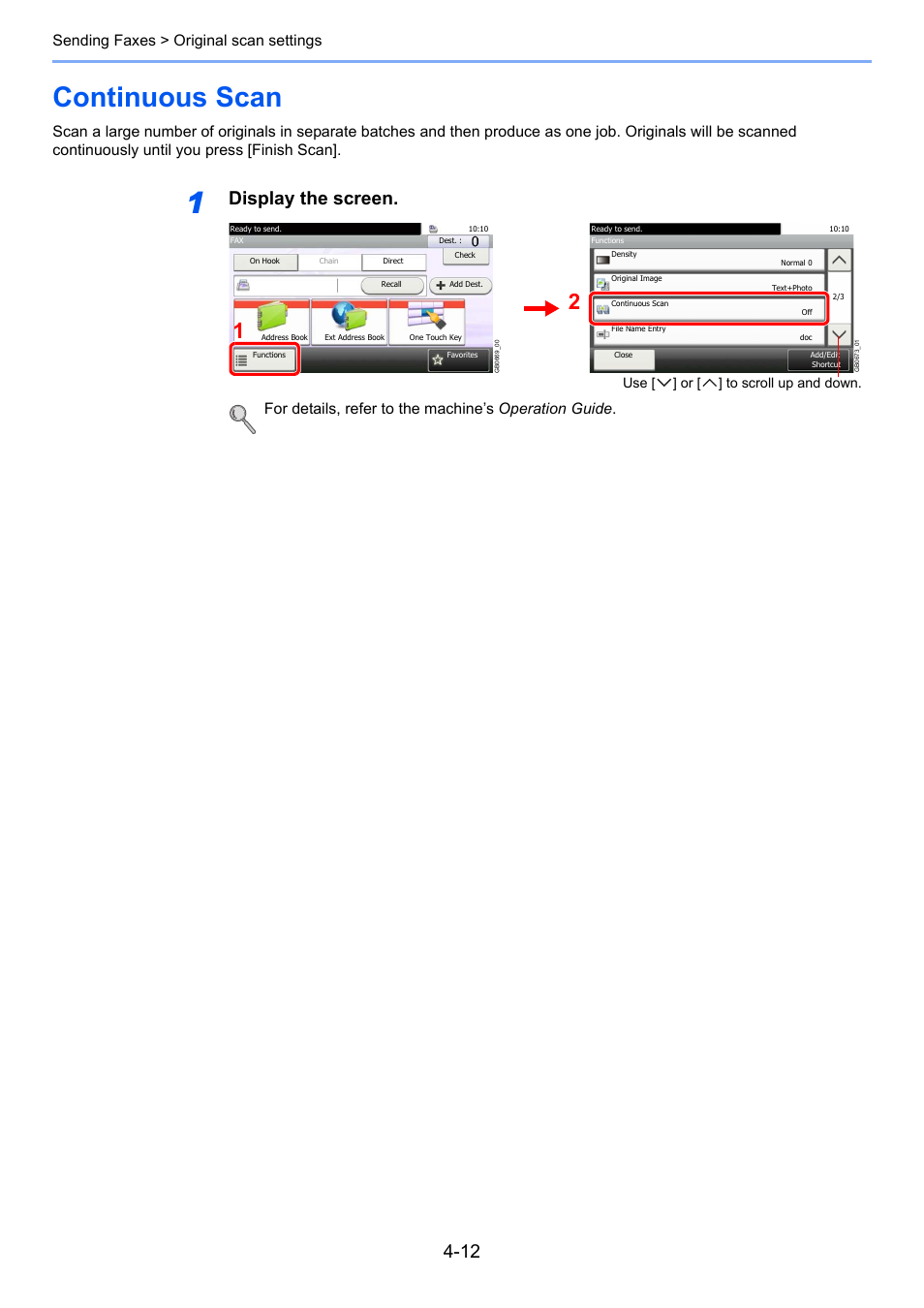 Continuous scan, Continuous scan -12, Display the screen | Sending faxes > original scan settings, Use [ ] or [ ] to scroll up and down | TA Triumph-Adler 261ci User Manual | Page 66 / 212