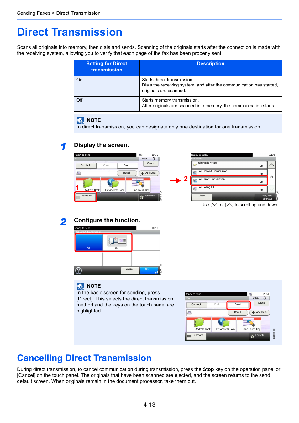 Direct transmission, Cancelling direct transmission, Direct transmission -13 | Cancelling direct transmission -13, Display the screen, Configure the function, Sending faxes > direct transmission, Use [ ] or [ ] to scroll up and down | TA Triumph-Adler 261ci User Manual | Page 67 / 212