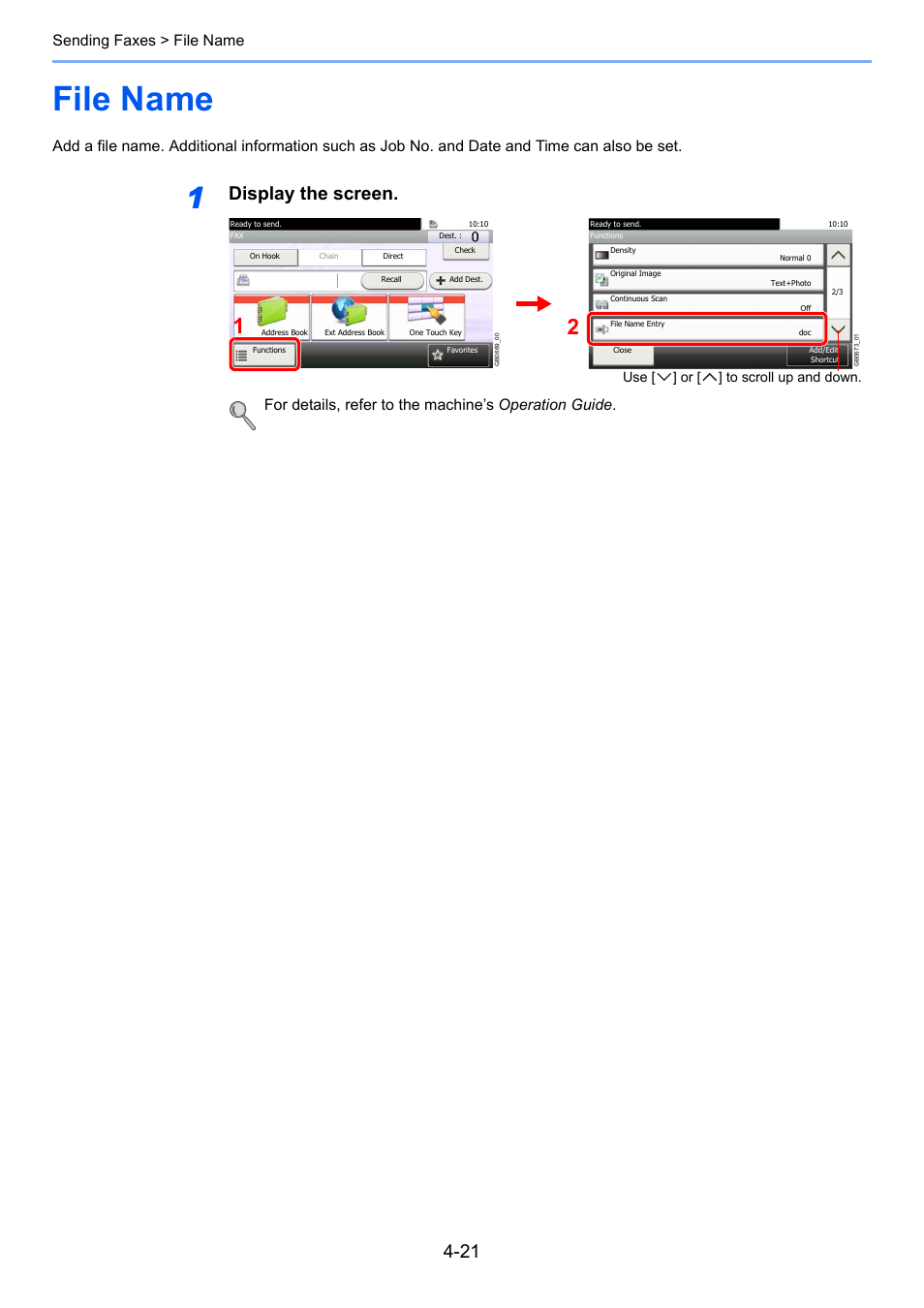 File name, File name -21, Display the screen | Sending faxes > file name, Use [ ] or [ ] to scroll up and down | TA Triumph-Adler 261ci User Manual | Page 75 / 212