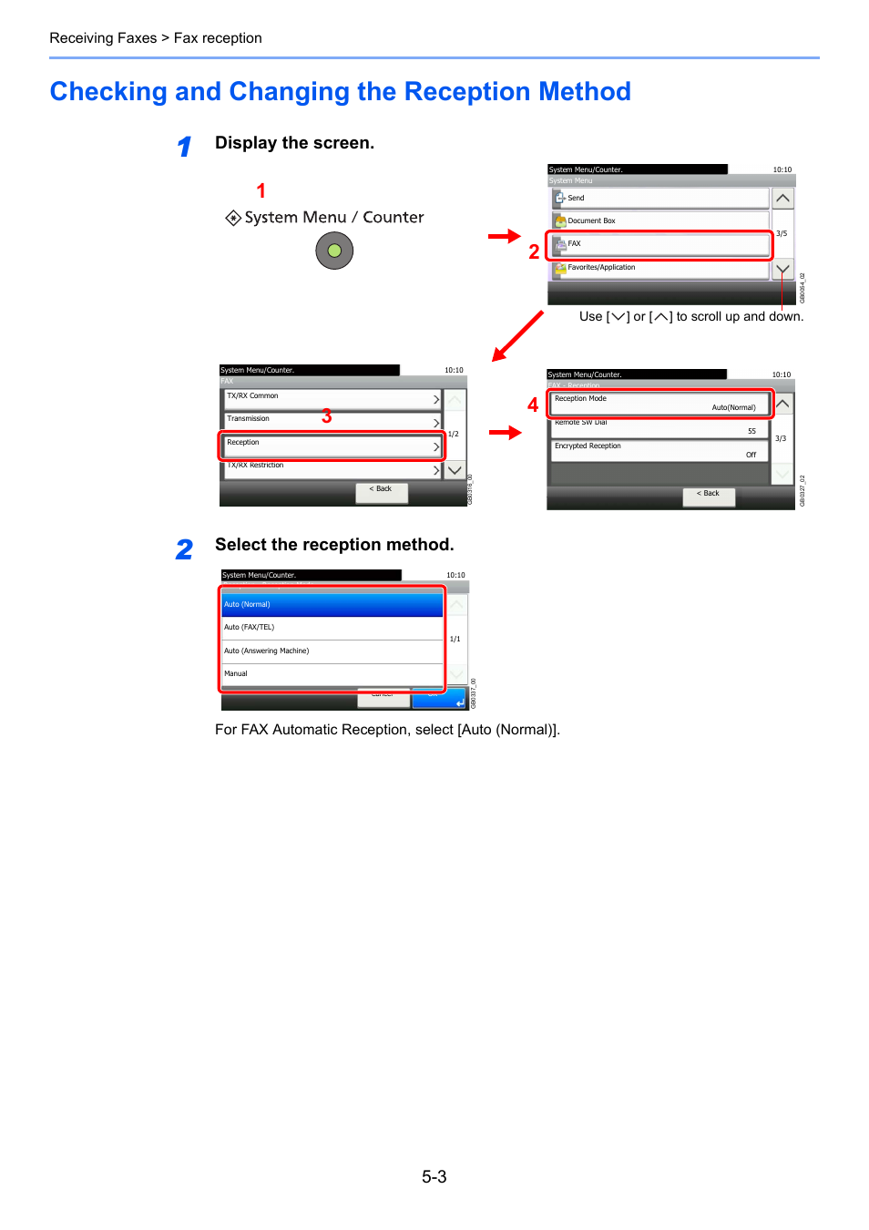 Checking and changing the reception method, Checking and changing the reception method -3, Display the screen | Select the reception method, Receiving faxes > fax reception, For fax automatic reception, select [auto (normal), Use [ ] or [ ] to scroll up and down | TA Triumph-Adler 261ci User Manual | Page 78 / 212