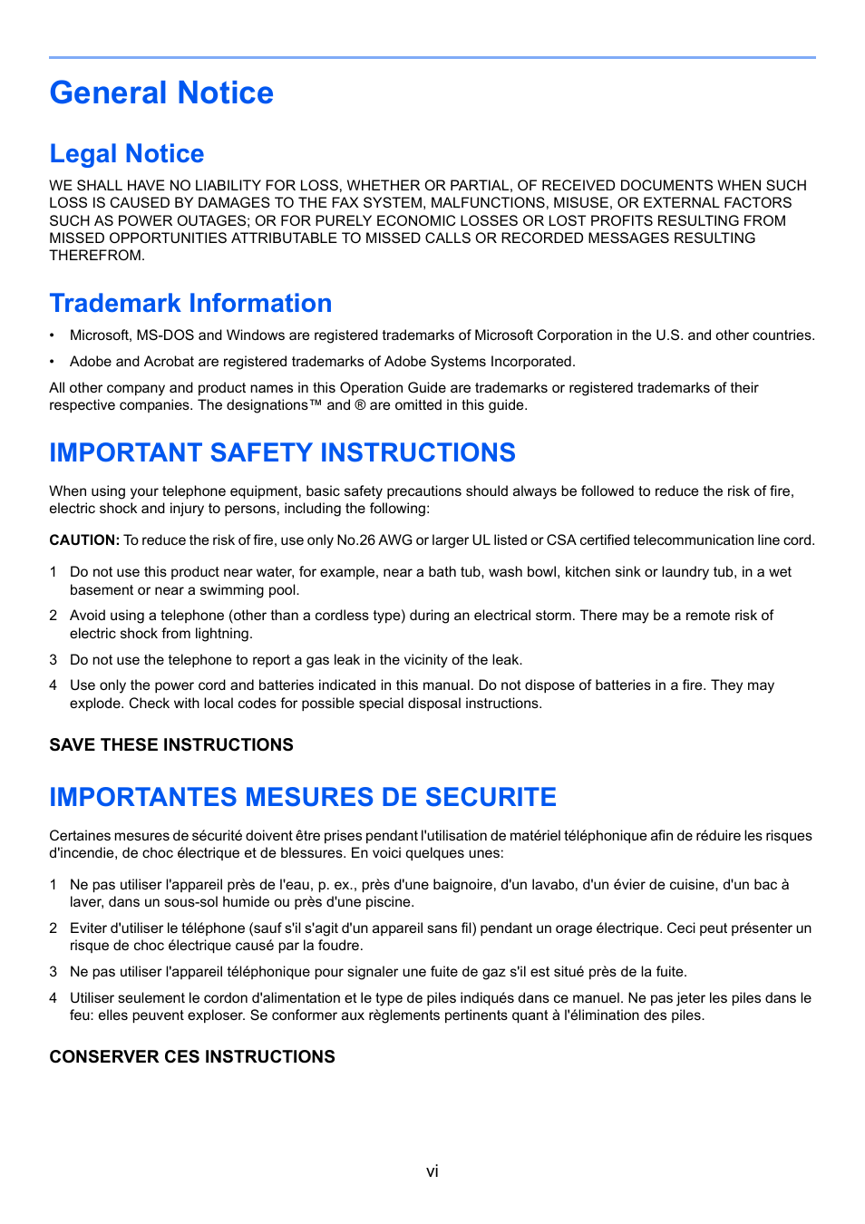 General notice, Legal notice, Trademark information | Important safety instructions, Importantes mesures de securite | TA Triumph-Adler 261ci User Manual | Page 8 / 212