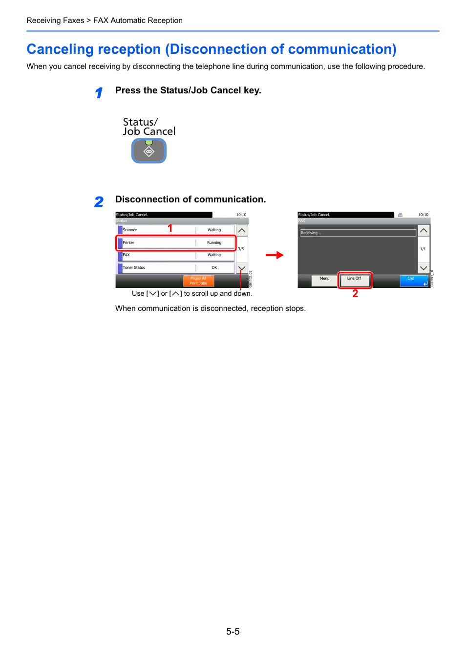 Press the status/job cancel key, Disconnection of communication | TA Triumph-Adler 261ci User Manual | Page 80 / 212