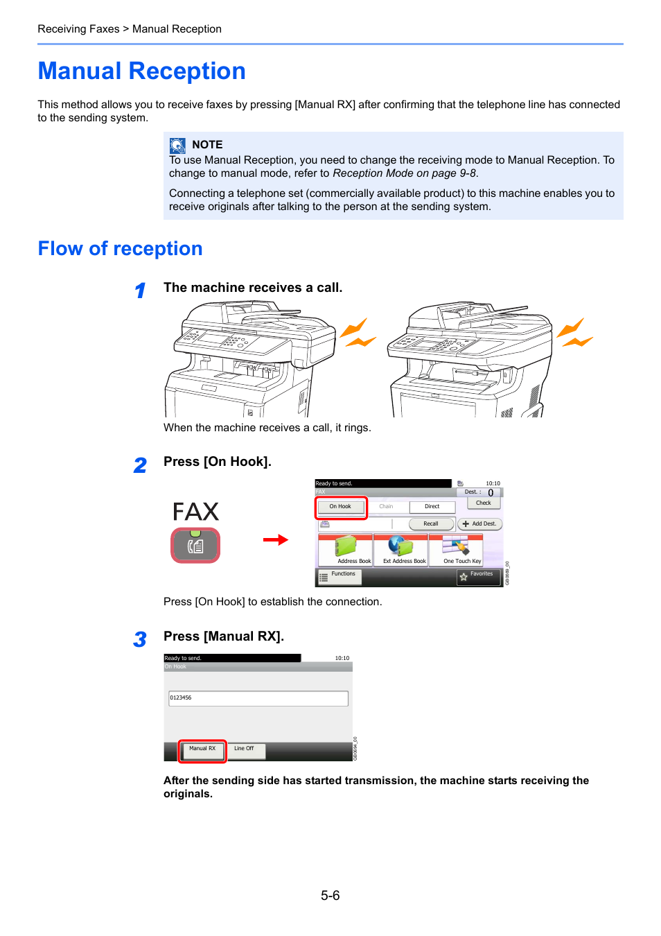 Manual reception, Flow of reception, Manual reception -6 | Flow of reception -6, The machine receives a call, Press [on hook, Press [manual rx | TA Triumph-Adler 261ci User Manual | Page 81 / 212