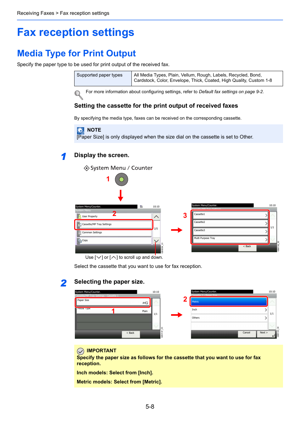 Fax reception settings, Media type for print output, Fax reception settings -8 | Media type for print output -8, Display the screen, Selecting the paper size | TA Triumph-Adler 261ci User Manual | Page 83 / 212