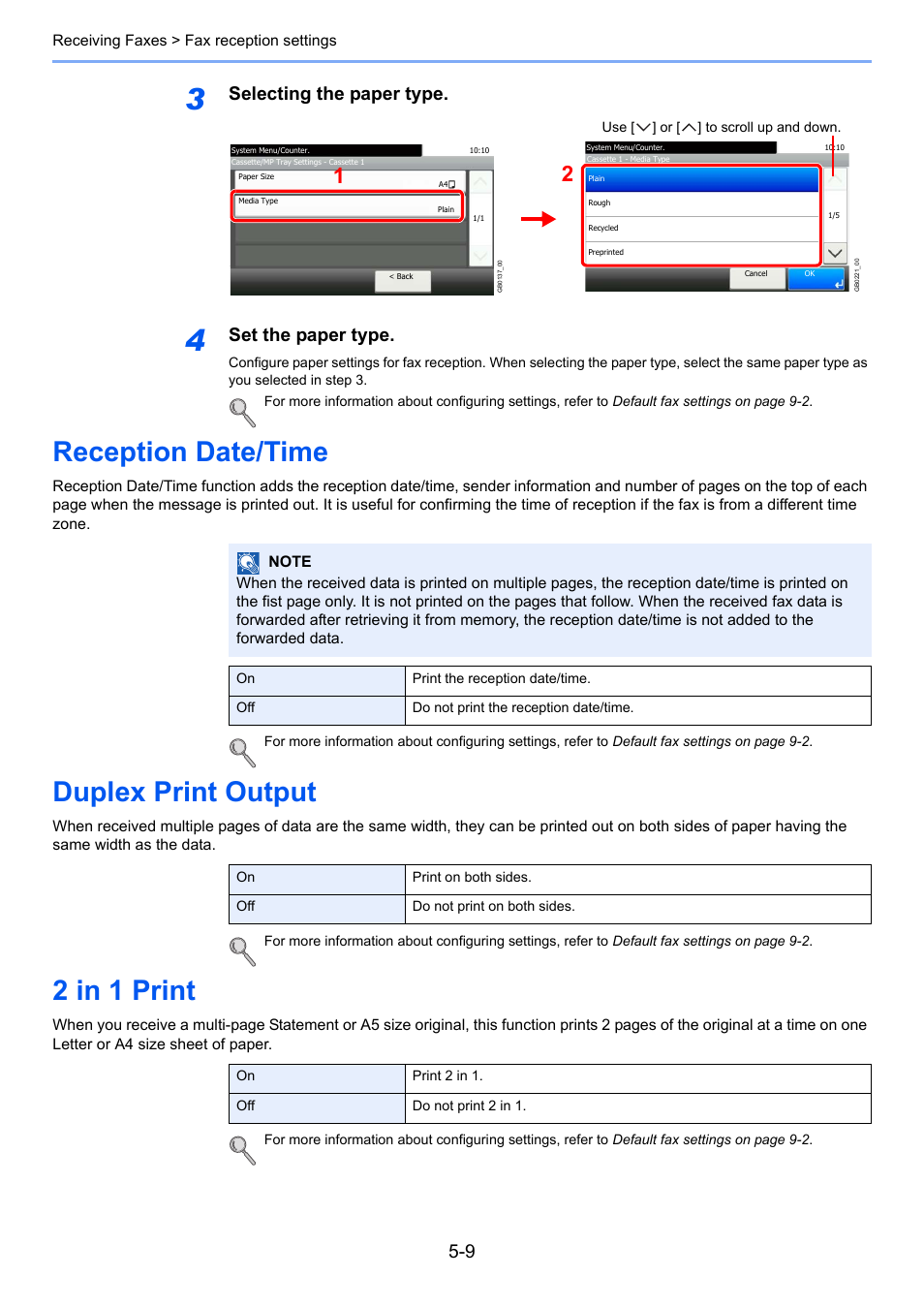 Reception date/time, Duplex print output, 2 in 1 print | Selecting the paper type, Set the paper type | TA Triumph-Adler 261ci User Manual | Page 84 / 212