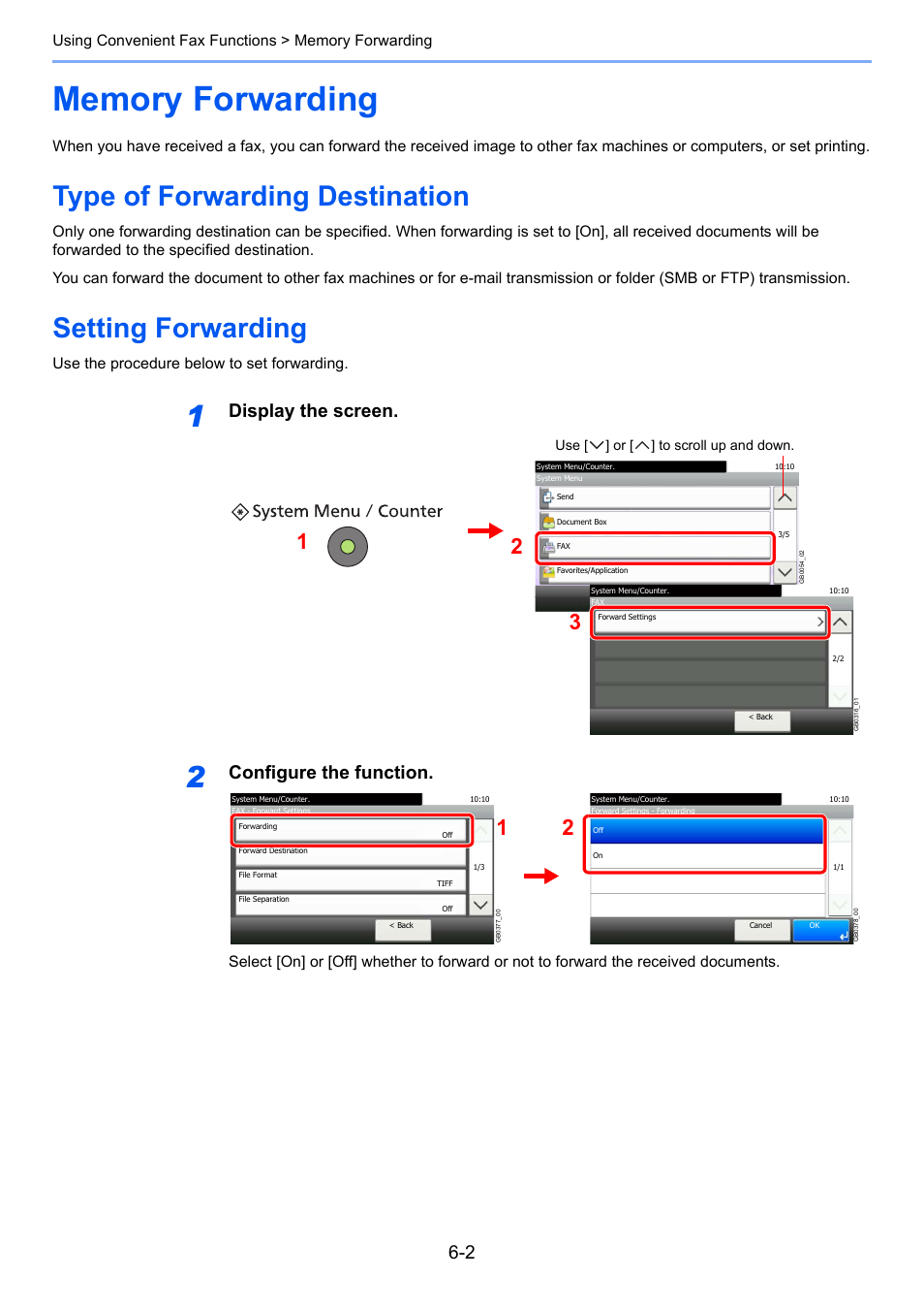 Memory forwarding, Type of forwarding destination, Setting forwarding | Memory forwarding -2, Display the screen, Configure the function, Use the procedure below to set forwarding | TA Triumph-Adler 261ci User Manual | Page 87 / 212