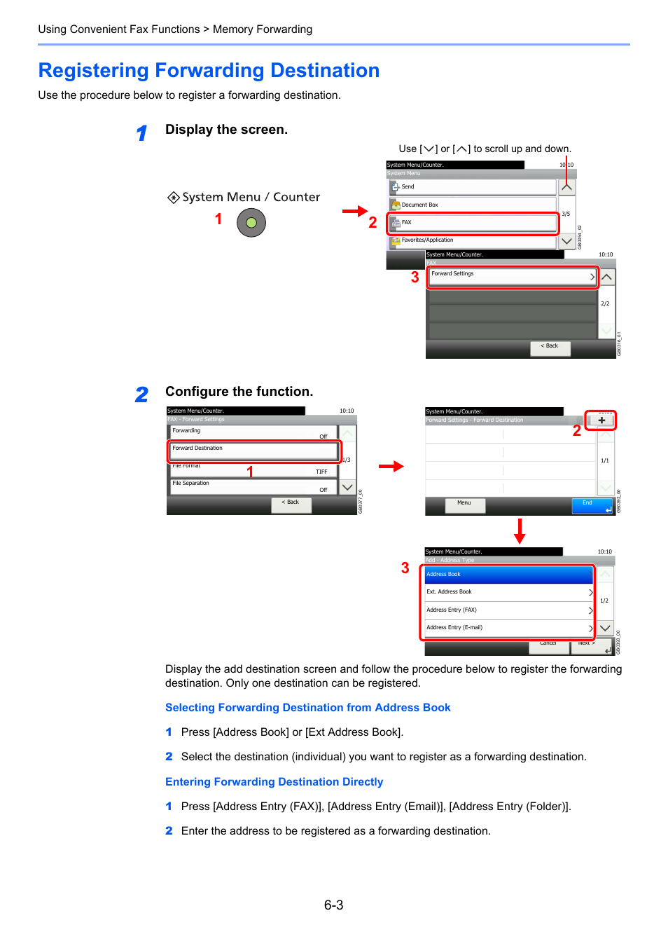 Registering forwarding destination, Registering forwarding destination -3, Display the screen | Configure the function | TA Triumph-Adler 261ci User Manual | Page 88 / 212